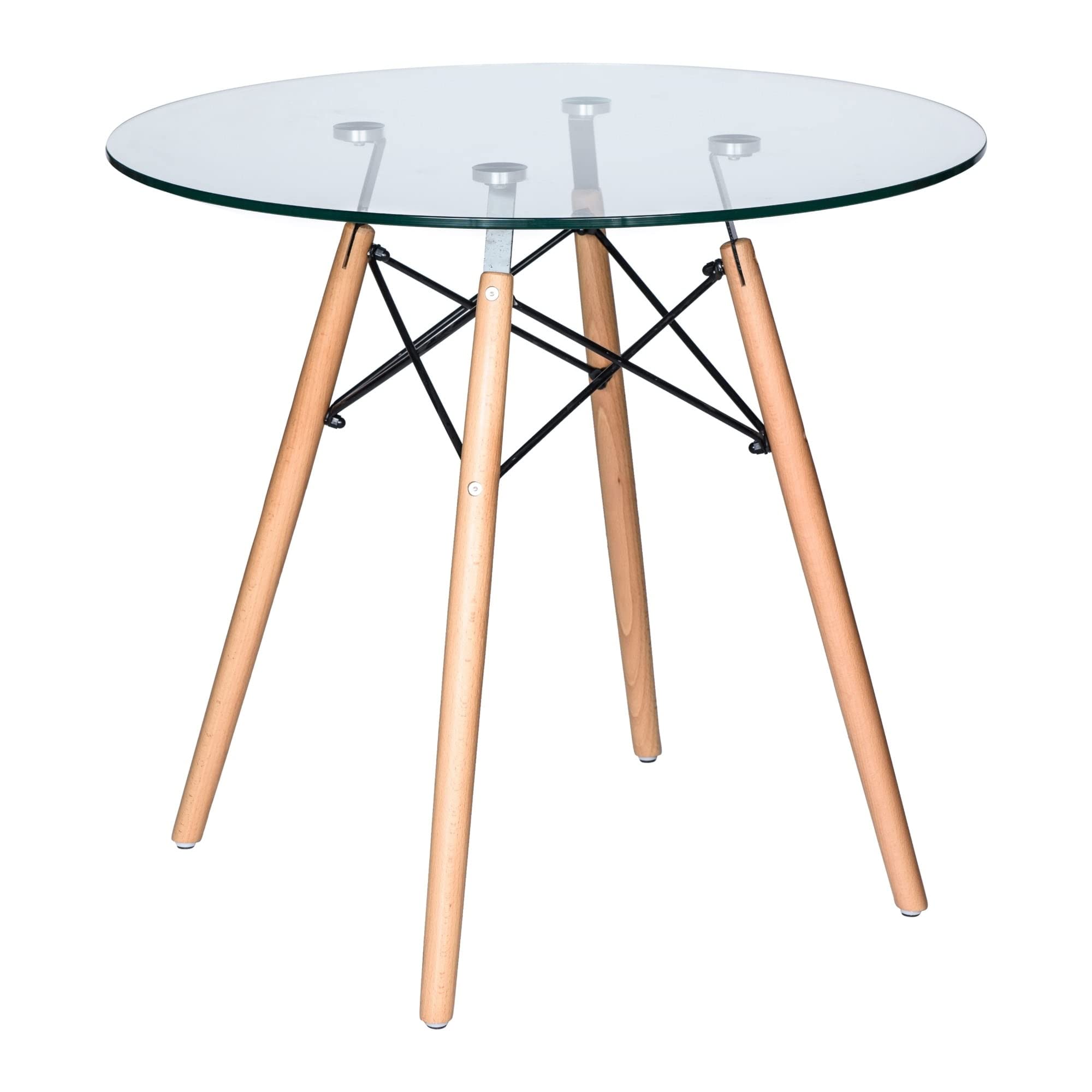 LeisureMod Dover Round Bistro Glass Top Dining Table with Wood Eiffel Base - Clear Glass Patio Table for Outdoor Dining, Small Spaces & Balconies