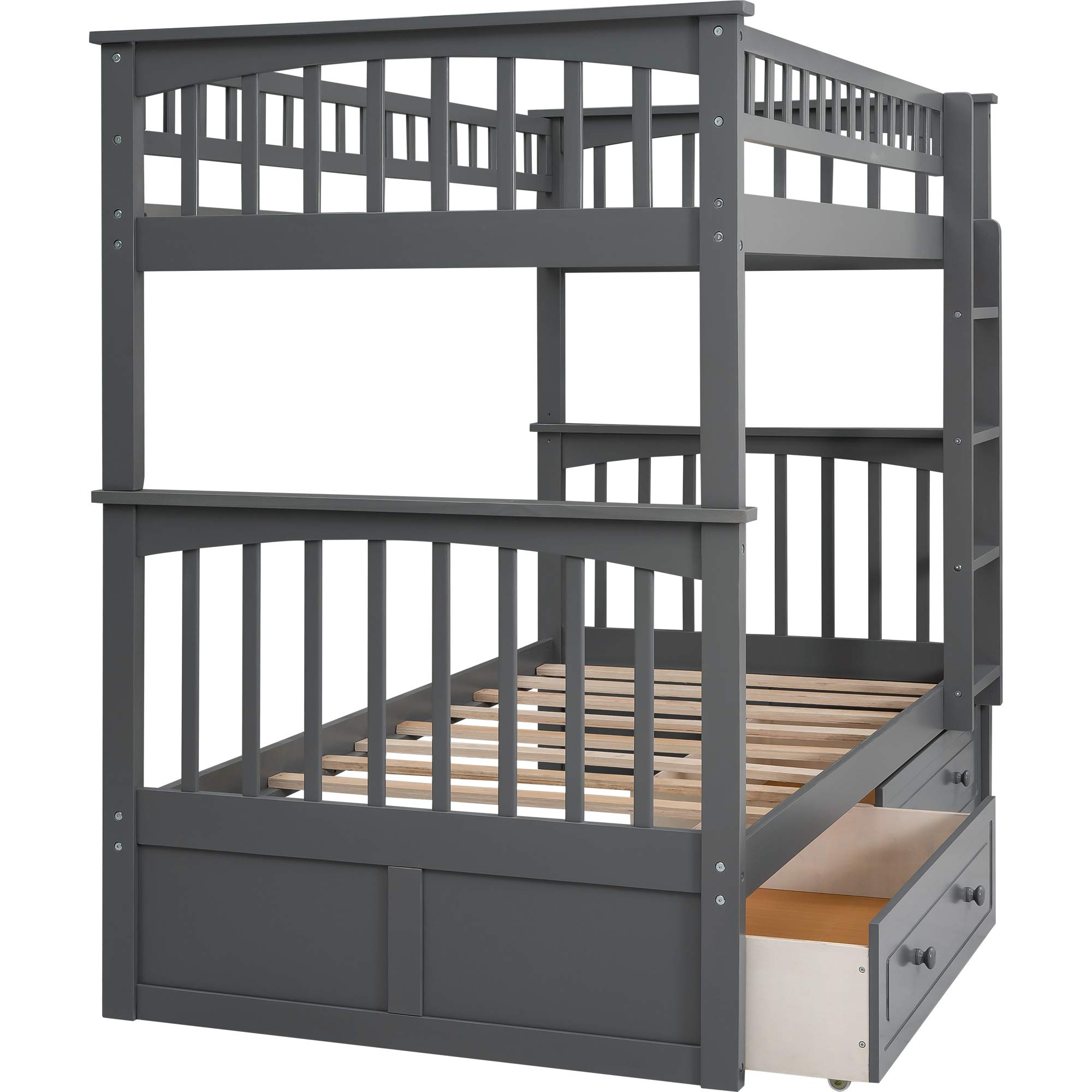 P PURLOVE Twin Over Twin Bunk Bed with 2 Storage Drawers - Space-Saving Wood Convertible Bunk Bed Frame for Kids & Teens - Can Be Divided into 2 Daybeds - Gray - Perfect for Small Bedrooms, Guest Rooms & Dormitories