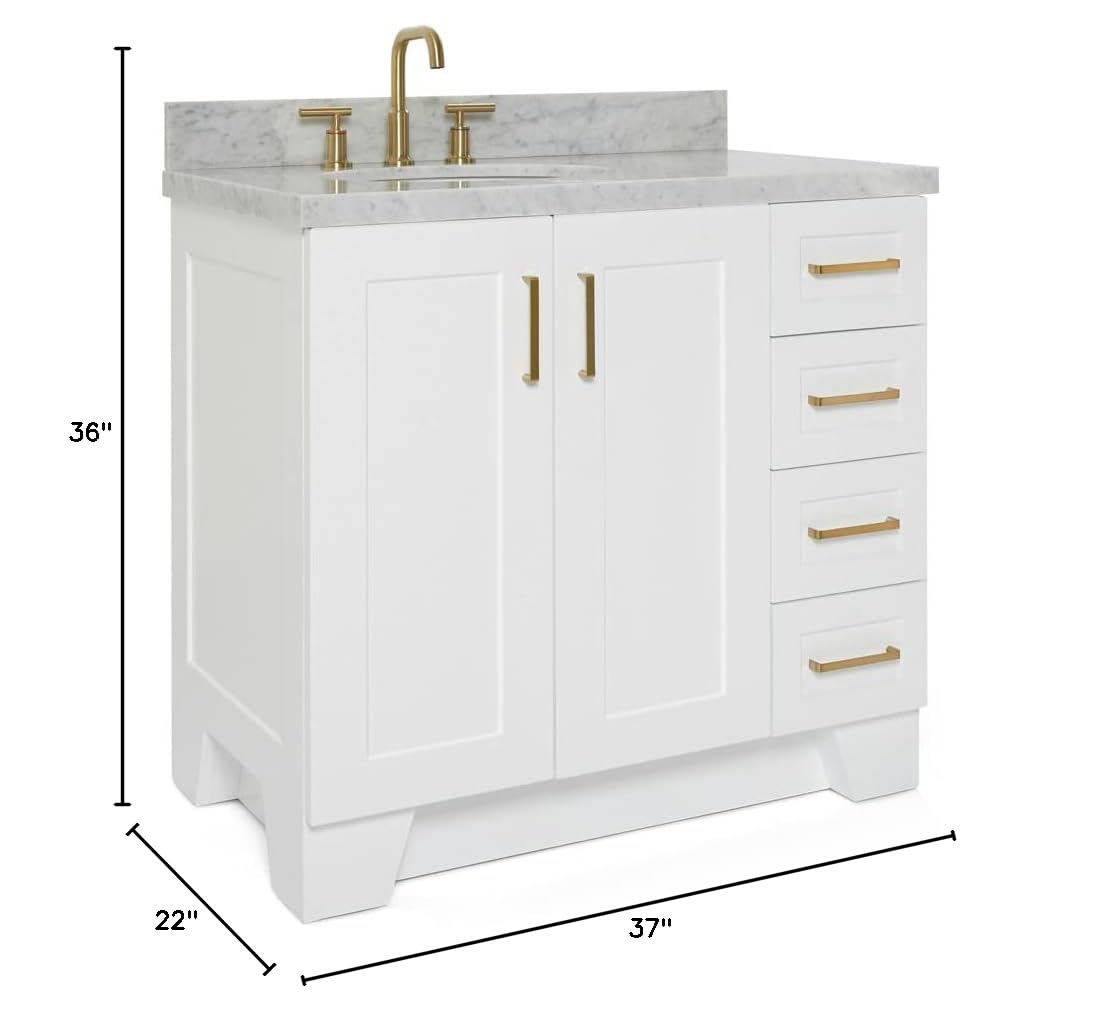 ARIEL Taylor 37 Inch White Bathroom Vanity with Sink - Solid Wood Base Cabinet, Carrara Marble Countertop, Left Rectangular Undermount Single Sink, 2 Soft Closing Doors & 5 Drawers - Perfect for Modern Bathroom Renovation, Small Space Design, and Luxury Home Upgrade