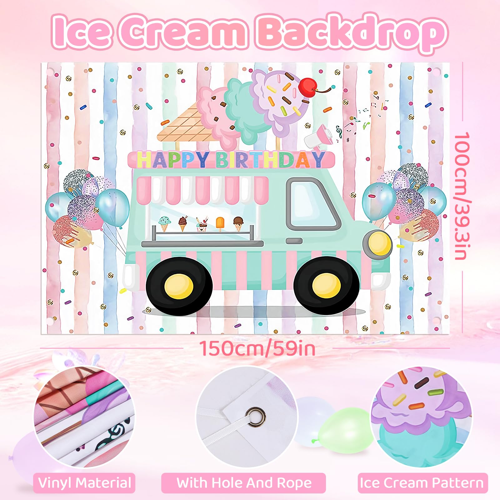 Pastel Ice Cream Party Decorations Kit - Balloon Garland Arch, Backdrop, Tablecloth & Candy Strip Balloons for Girls Birthday - Sweet Ice Cream Theme Party Supplies for Baby Shower, Bridal Shower & Kids Celebration