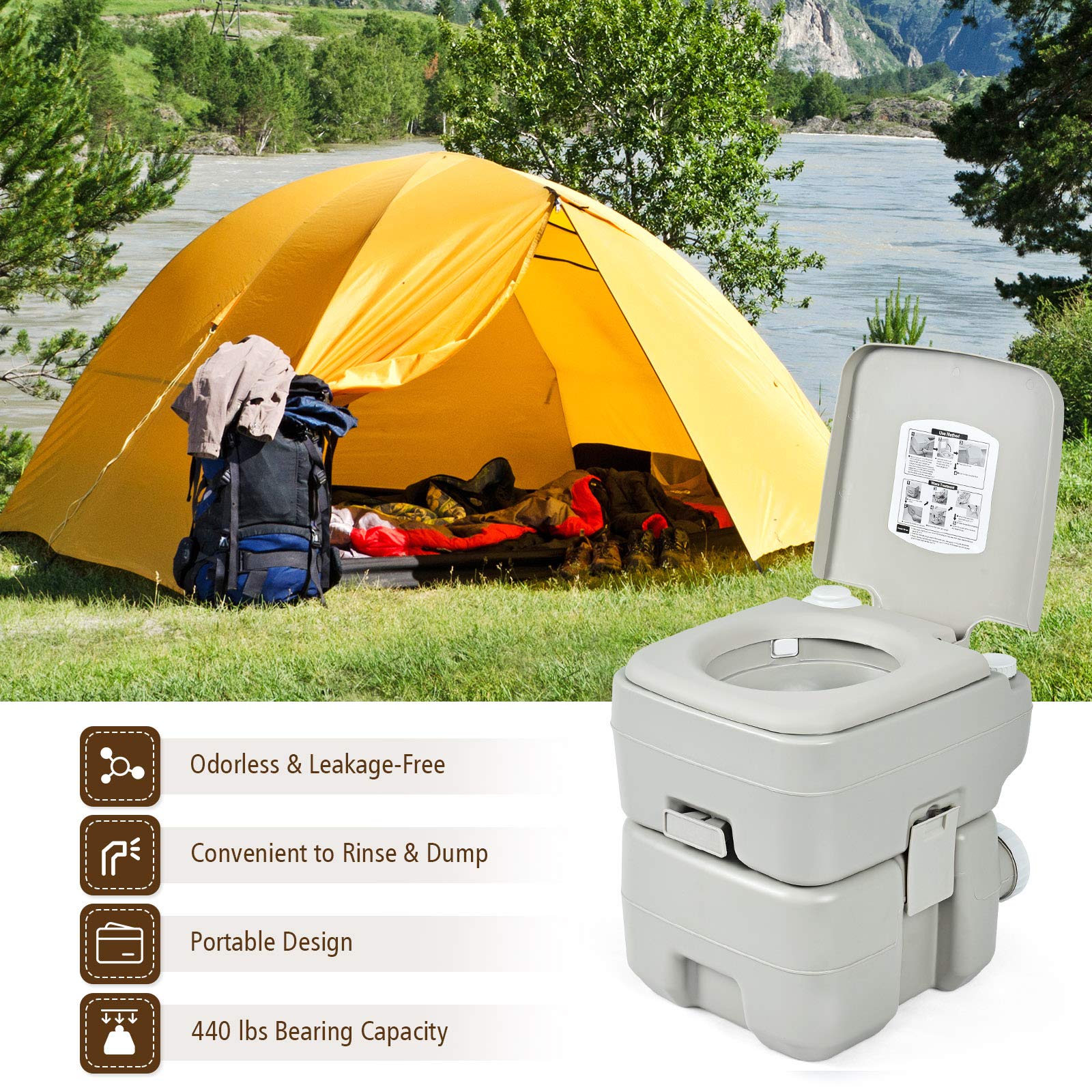 GYMAX Portable Toilet for Camping & RV Travel - 5.3 Gallon Leak-Proof Flushable Toilet with Waste Tank | Ideal for Outdoor, Boating, Hiking & Emergency Use