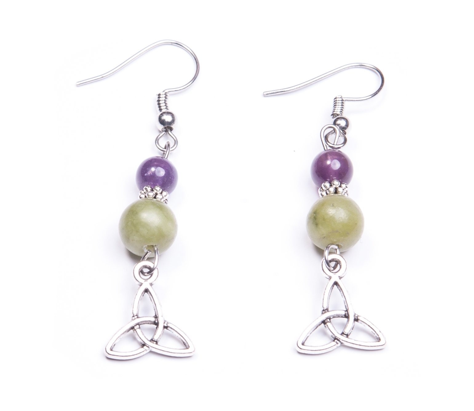 Handmade Irish Amethyst and Connemara Marble Trinity Knot Earrings - Celtic Jewelry for Women, Gift for Her - Perfect for Weddings, Anniversaries & Special Occasions