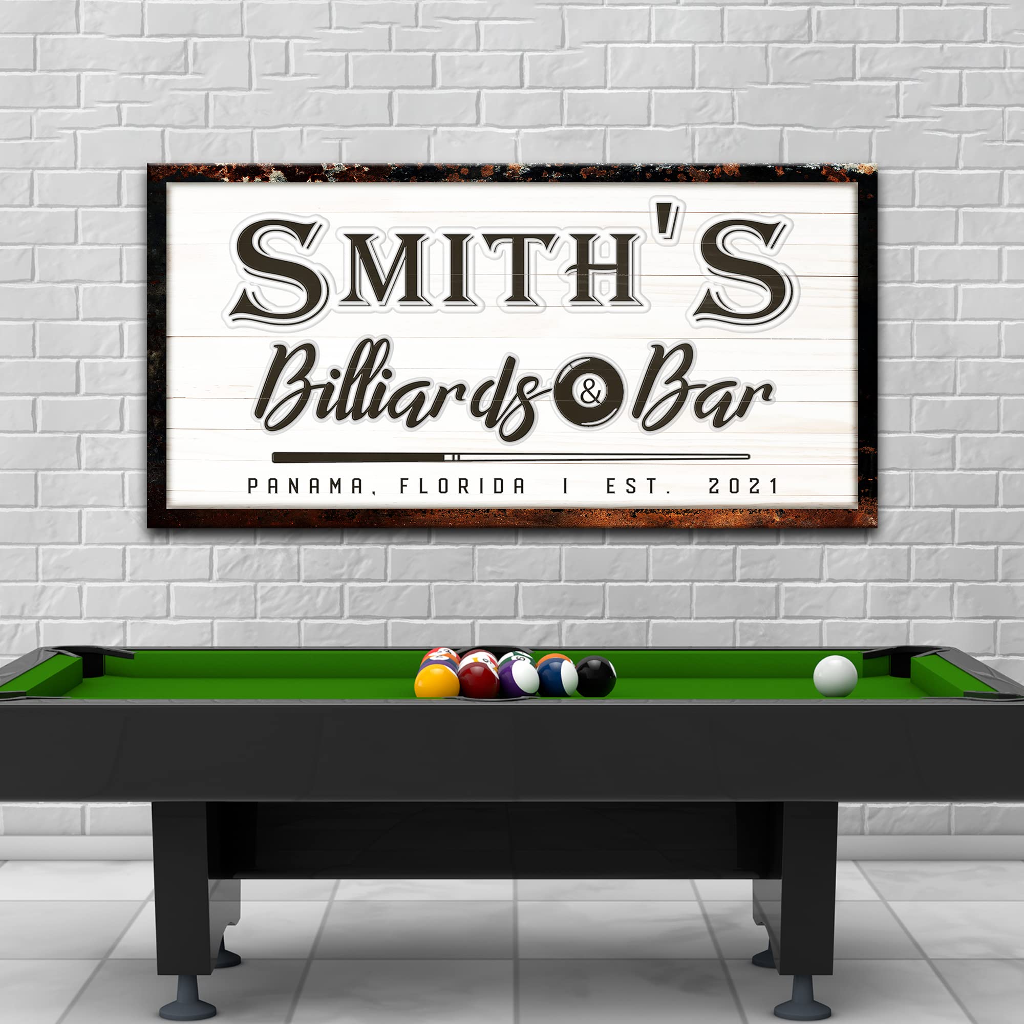 Personalized Billiards Wall Art - Rustic Dark Brown Pool Hall Decor Canvas Sign for Men, Him & Boys - Custom Bar, Outdoor & Patio Decor - 48x16 Inches - Perfect for Game Rooms, Man Caves & Sports Themed Spaces