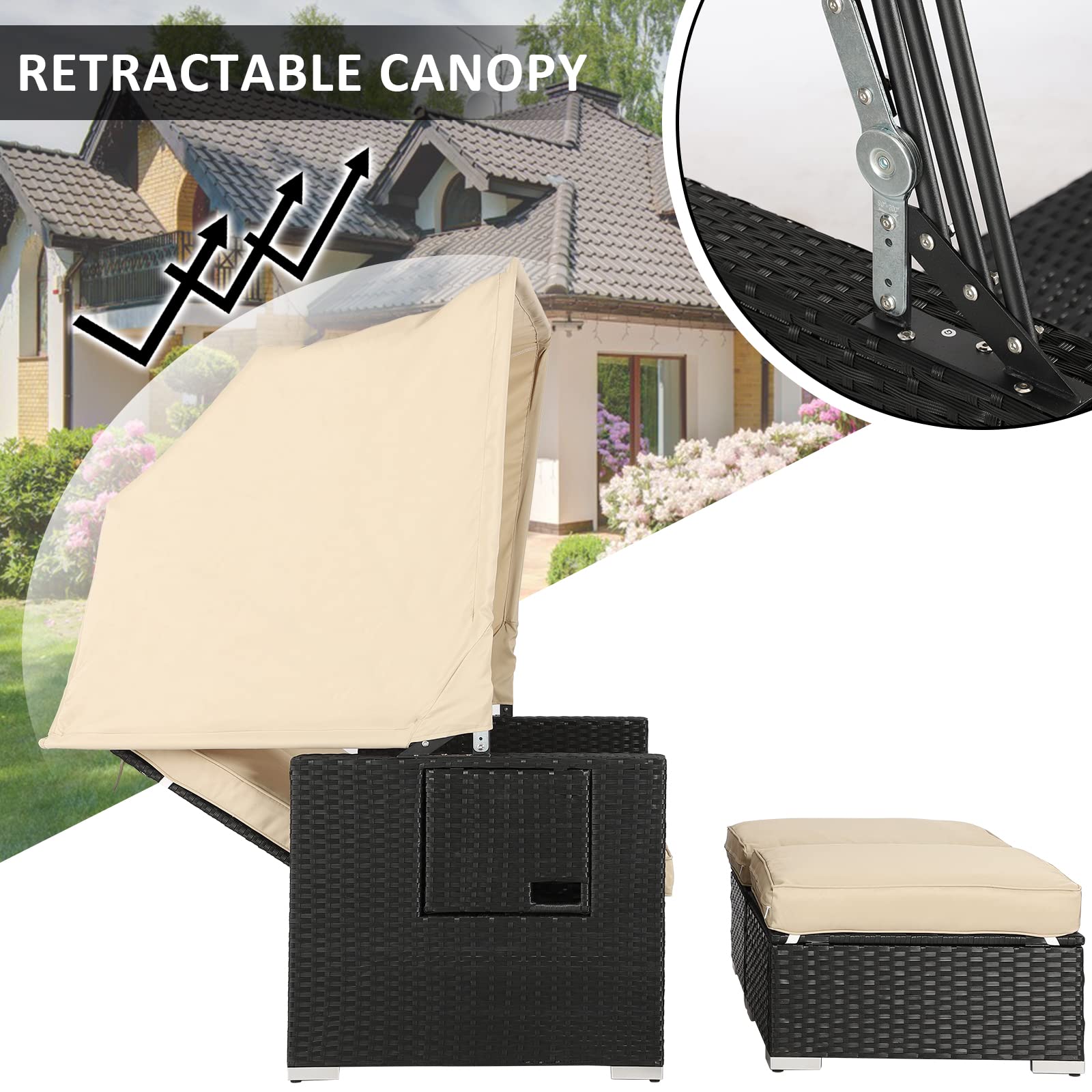 LEISU Outdoor Patio Furniture Sunbed with Retractable Canopy - PE Wicker Rattan Rectangle Sectional Sofa Set with Washable Cushions - Perfect for Lawn, Garden, Poolside & Backyard Relaxation (Khaki)