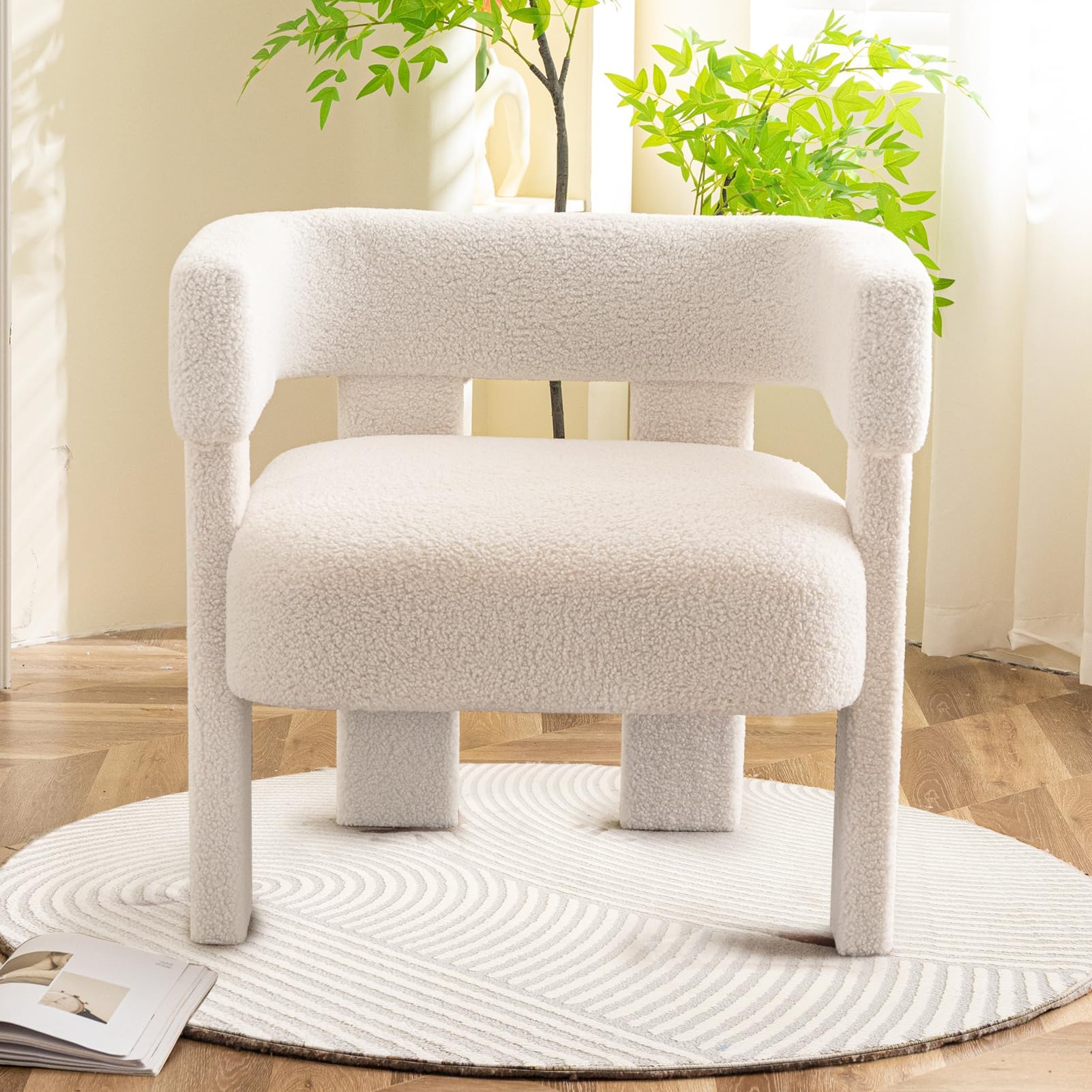 Sherpa Accent Chair - Modern Upholstered Boucle Fluffy Teddy Armchair in White - Super Comfy Reading Chair for Living Room, Bedroom & Office - Perfect for Relaxing, Lounging & Home Decor