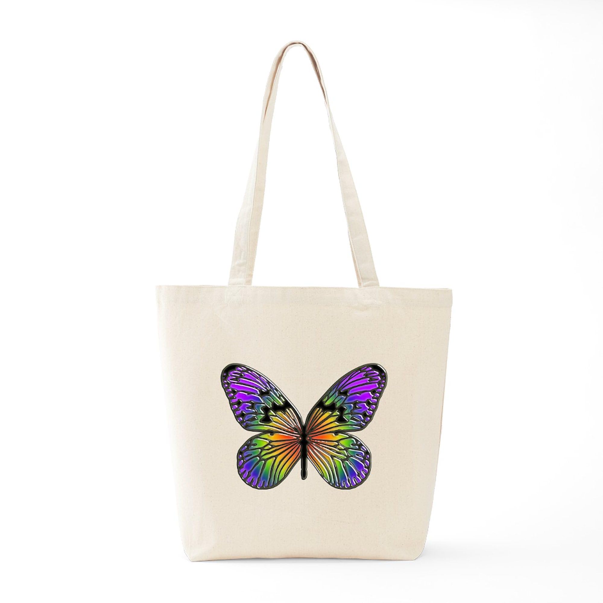 Rainbow Butterfly Tote Bag - Natural Canvas Reusable Shopping Bag for Women, Eco-Friendly Grocery Tote for Beach, Market & Daily Use