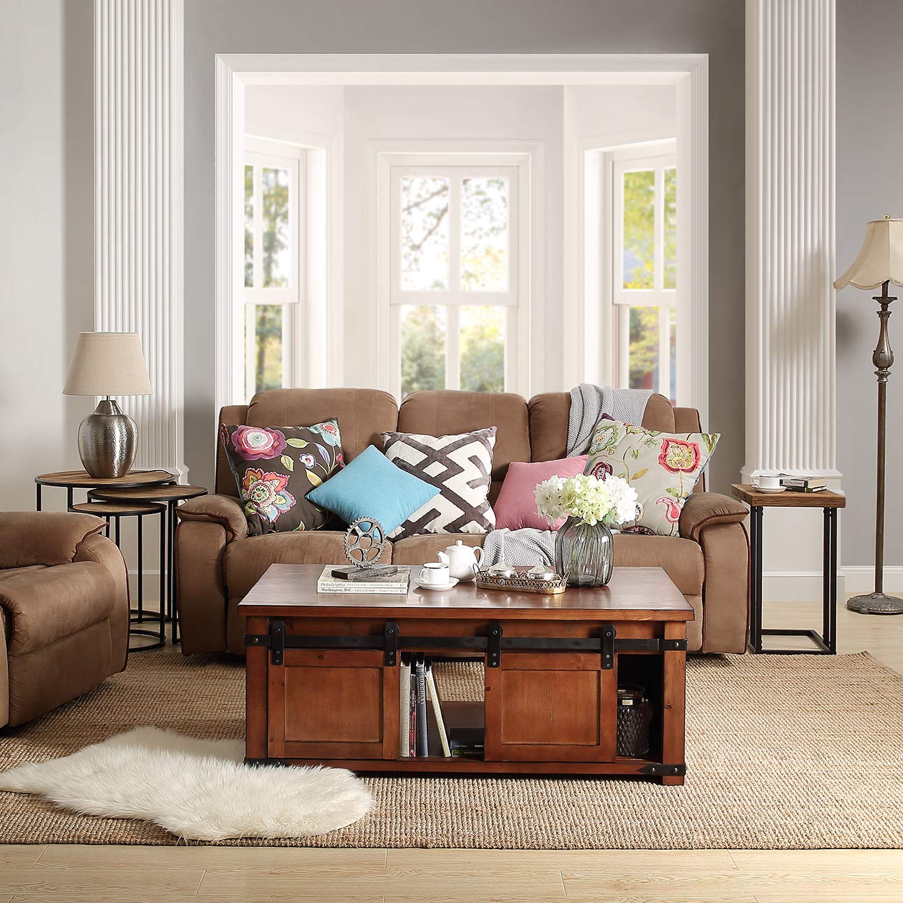 Rustic Wood Coffee Table with Sliding Barn Doors - Storage Shelf & Cabinets - Farmhouse Living Room Furniture for Home Decor - Perfect for Small Spaces, Apartments & Cozy Gatherings