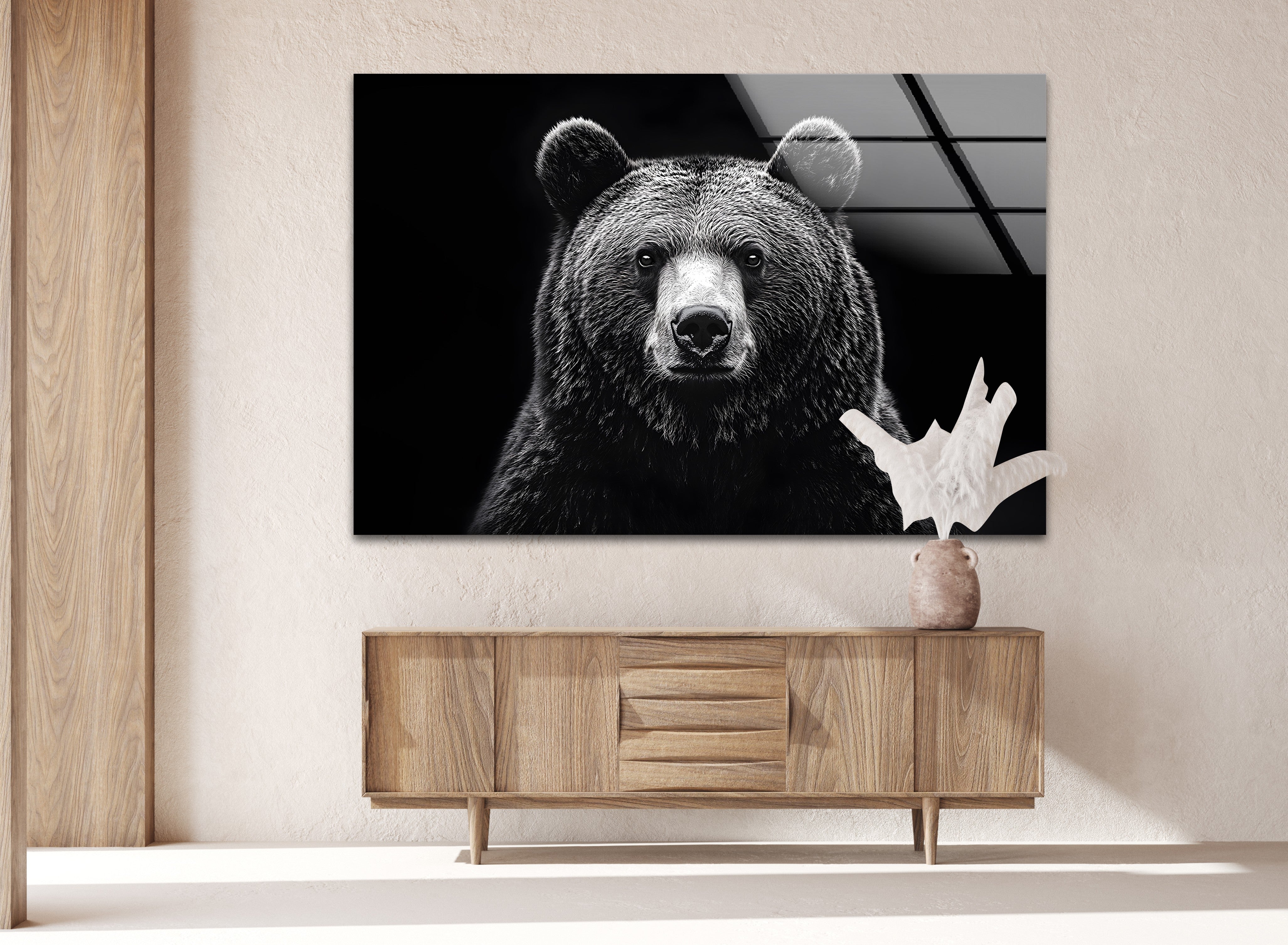 Black and White Bear Wall Art - Modern Animal Design on Glass for Living Room, Bedroom & Office Decor