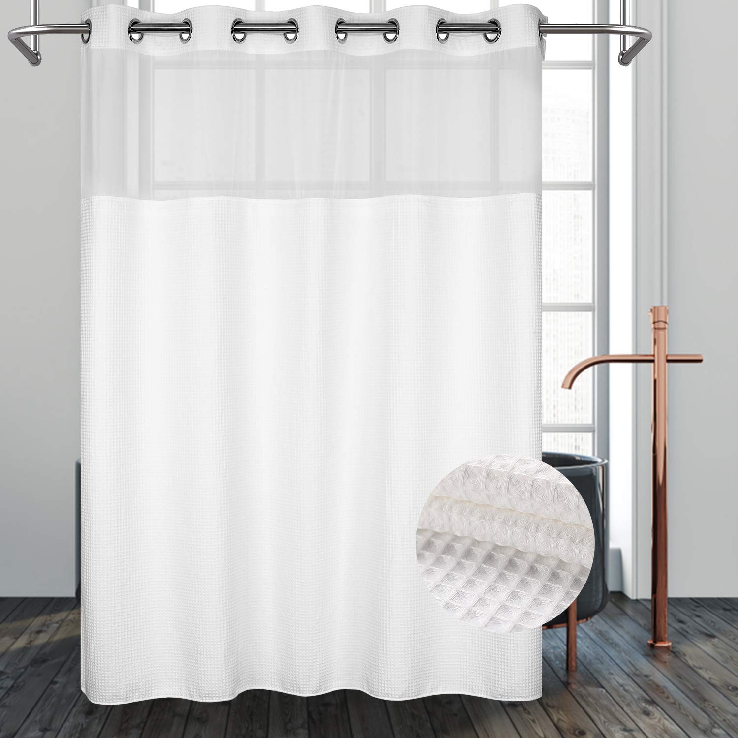 River Dream White Fabric Shower Curtain Set - Cotton Blend Waffle Weave with Snap-in Replacement Liner (71x86 inches) - Bathroom Decor for Modern & Farmhouse Style Homes