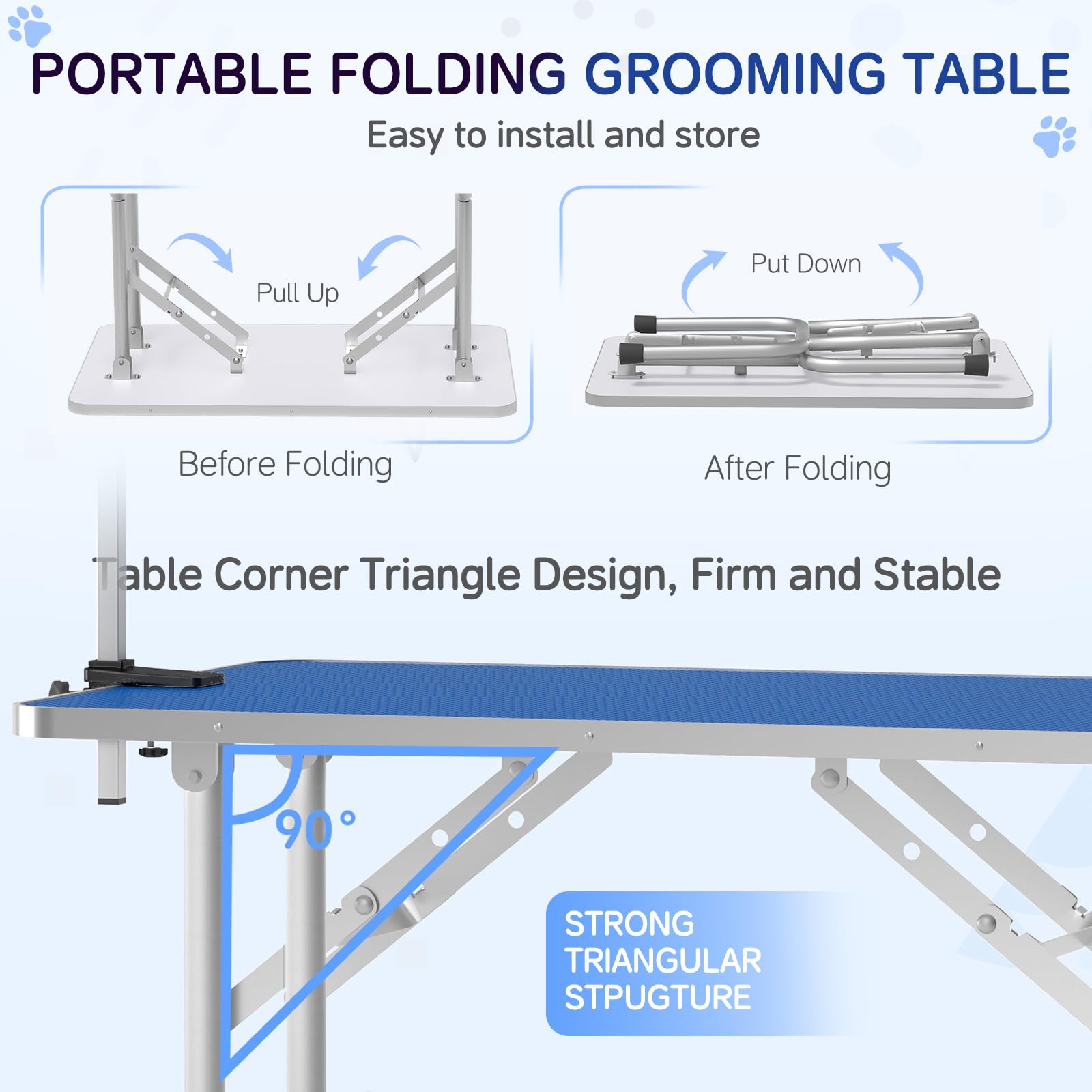 Foldable & Adjustable 46-inch Dog Grooming Table with Arm Noose & Mesh Tray - Heavy Duty 300lb Capacity Pet Grooming Station for Professional or Home Use - Perfect for Bathing, Trimming & Styling Dogs (Dark Blue)