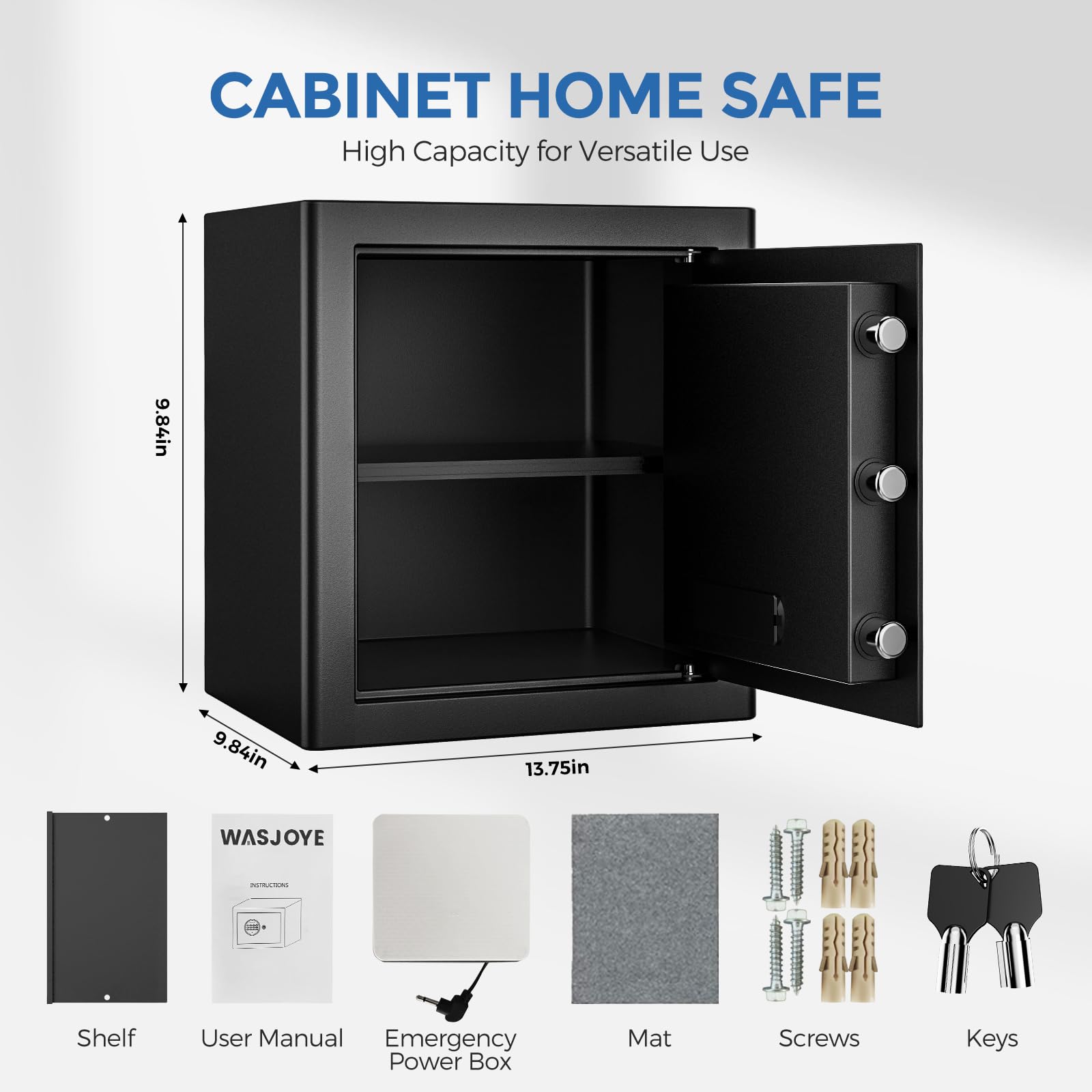 WASJOYE Digital Keypad Security Safe Box - 2.0 Cubic Feet Home & Office Safe for Money, Jewelry, Documents, Passports | Fireproof & Theft Proof | Ideal for Bedroom, Closet, Business & Hotel Use