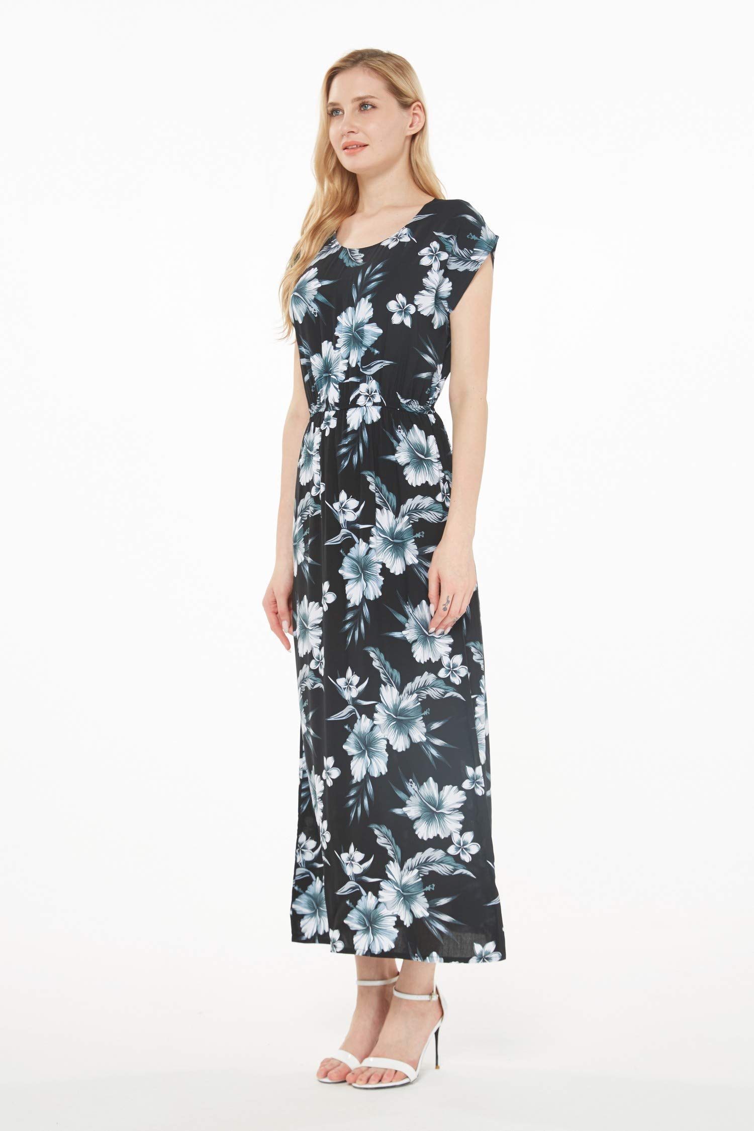 Women's Floral Hawaiian Luau Cap Sleeve Maxi Dress - Beach Party, Summer Vacation & Tropical Getaway Outfit