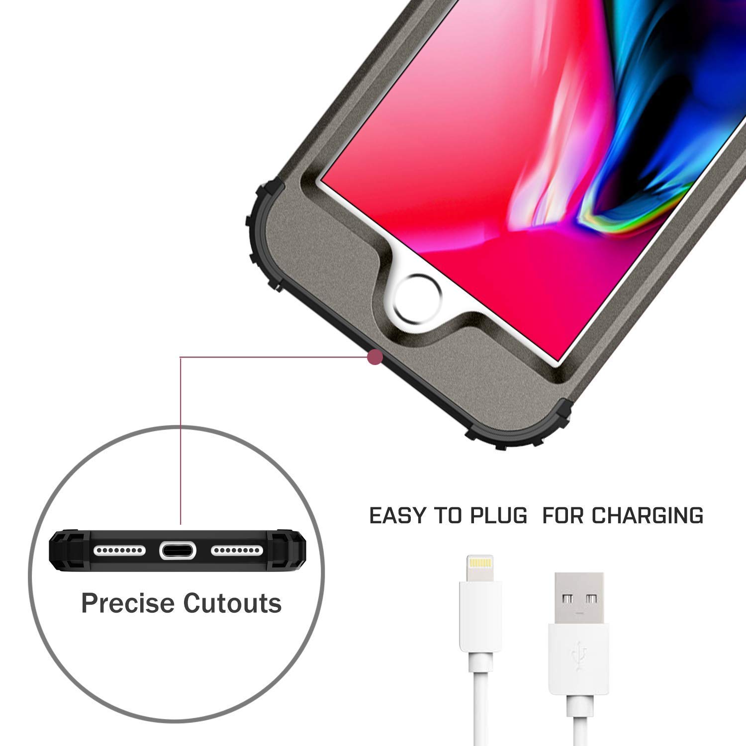 BENTOBEN Rugged iPhone 8 Plus/7 Plus Case - 3-in-1 Hybrid Protection with Hard PC Shell & Soft Rubber Bumper | Shockproof, Anti-Slip, Heavy Duty Cover in Gunmetal | Perfect for Outdoor, Construction & Active Lifestyle Use