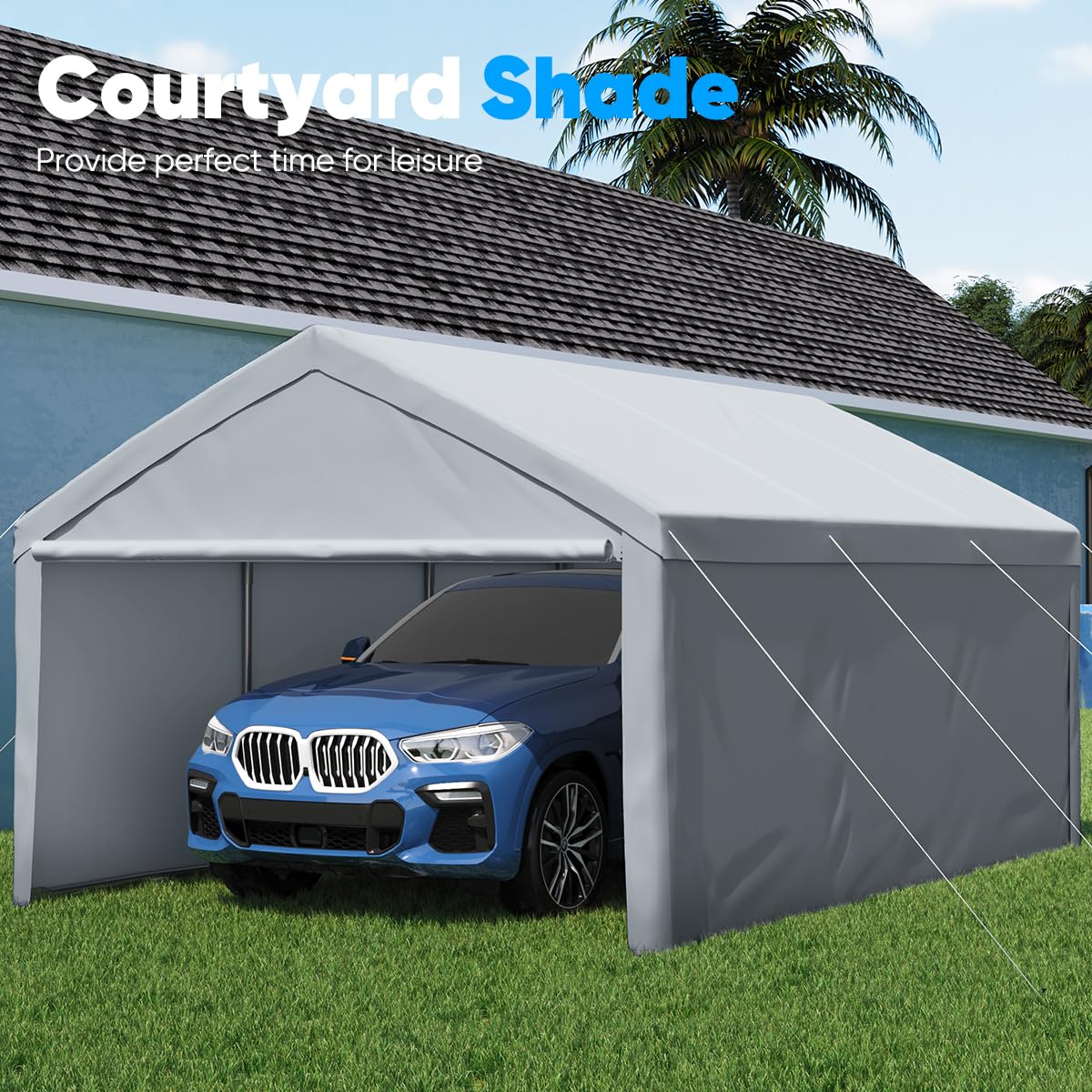 Quictent 13x20 FT Heavy Duty Galvanized Steel Carport Canopy - Weatherproof Car & Boat Shelter with Reinforced Top Poles, Removable Sidewalls & Ground Bar (Grey) - Perfect for Vehicle Protection, Outdoor Storage & RV Cover