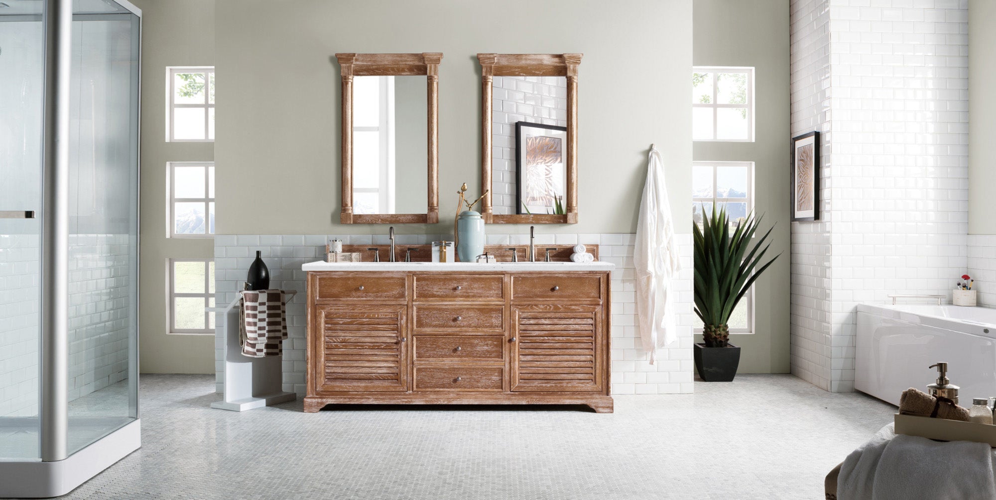 Savannah 72 Inch Driftwood Double Bathroom Vanity with 3CM Arctic Fall Solid Surface Top - Modern Farmhouse Style for Master Bathroom or Guest Bath Remodel