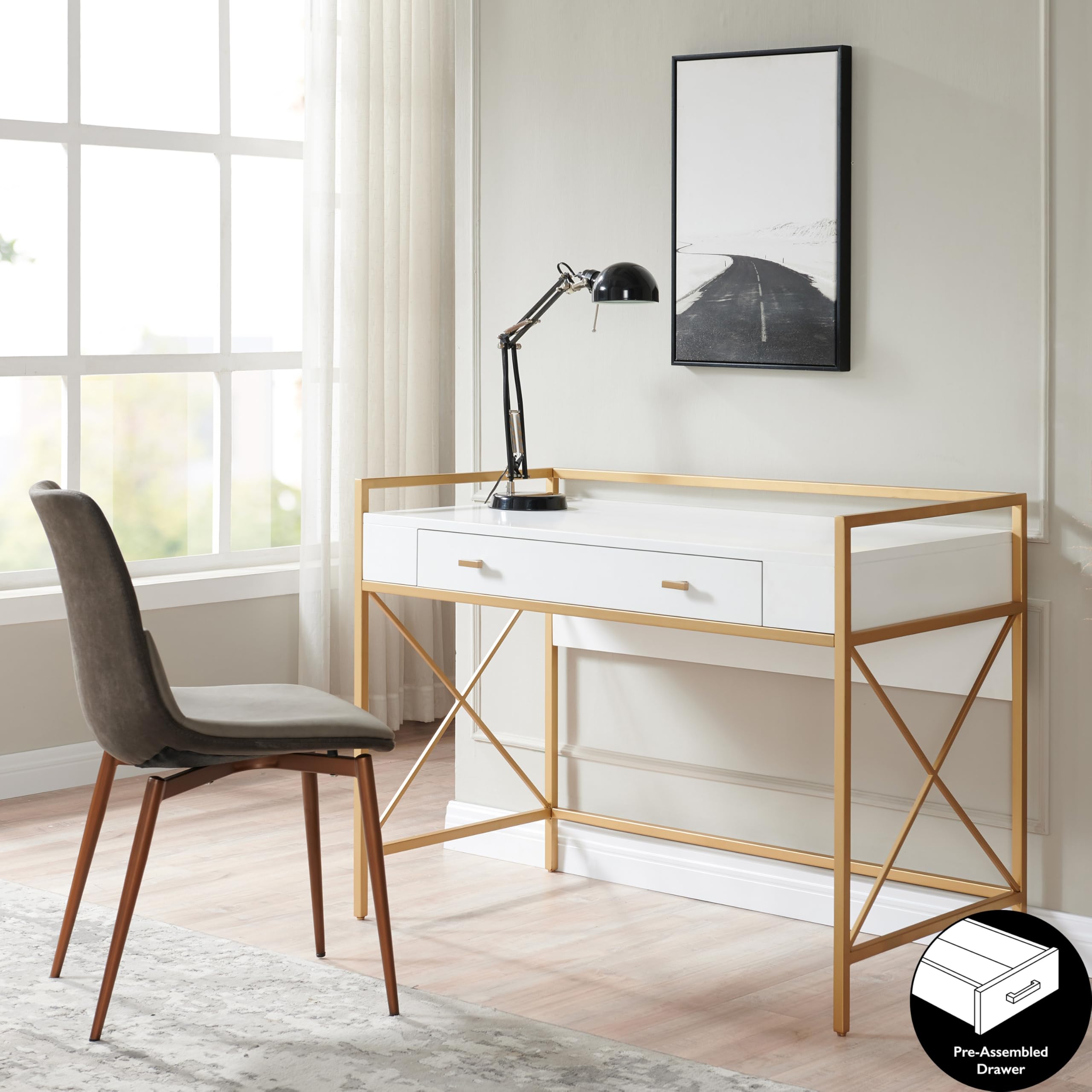 Leick Home 9240-WTGL Claudette Modern Mixed Metal & Wood Computer Desk with Drop-Front Keyboard Tray - White & Satin Gold Finish | Perfect for Home Office, Study Room & Small Spaces