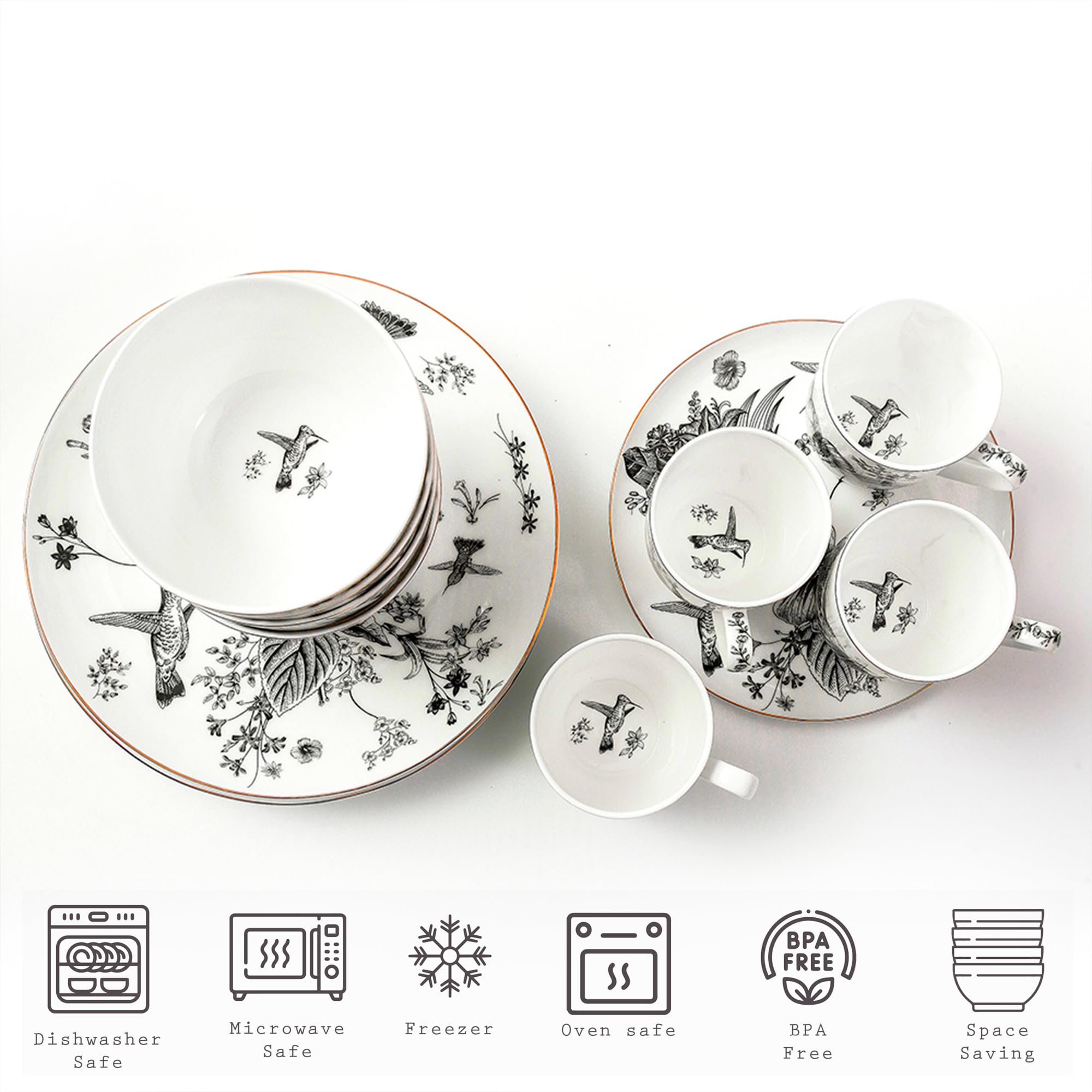 KOKEN 4-Piece Ceramic Dinnerware Set - Botanic Plates & Bowls for Salad, Dessert & Cereal | Microwave Safe Bone China Dishes | Perfect for Family Dining, Dinner Parties & Everyday Use