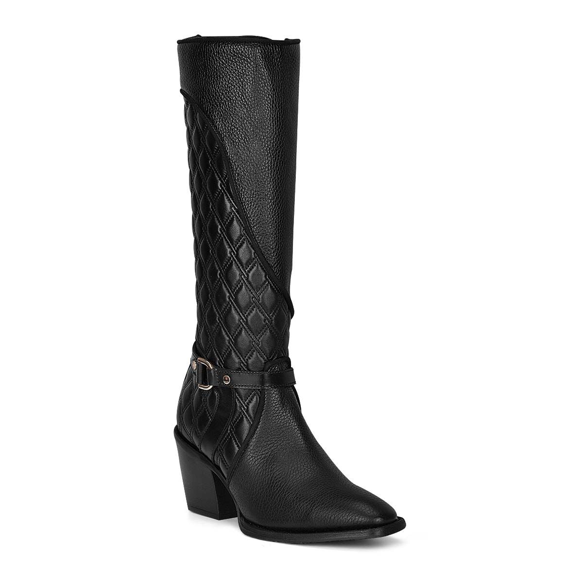 Cuadra Black Fashion Cowhide Leather Strapped Knee High Boots for Women - Stylish & Comfortable Boots for Fall, Winter & Casual Outfits
