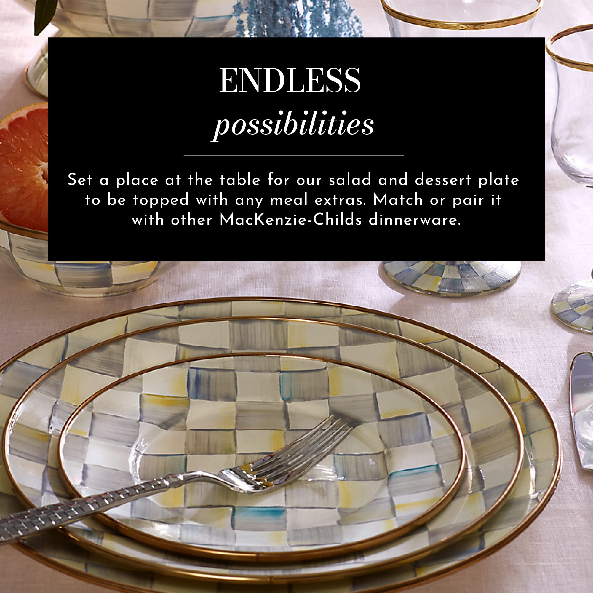 MACKENZIE-CHILDS Enamel Salad and Dessert Plate - 8 Inch Small Appetizer Dish in Gray & White Sterling Check Pattern - Perfect for Parties, Tea Time, and Elegant Dining