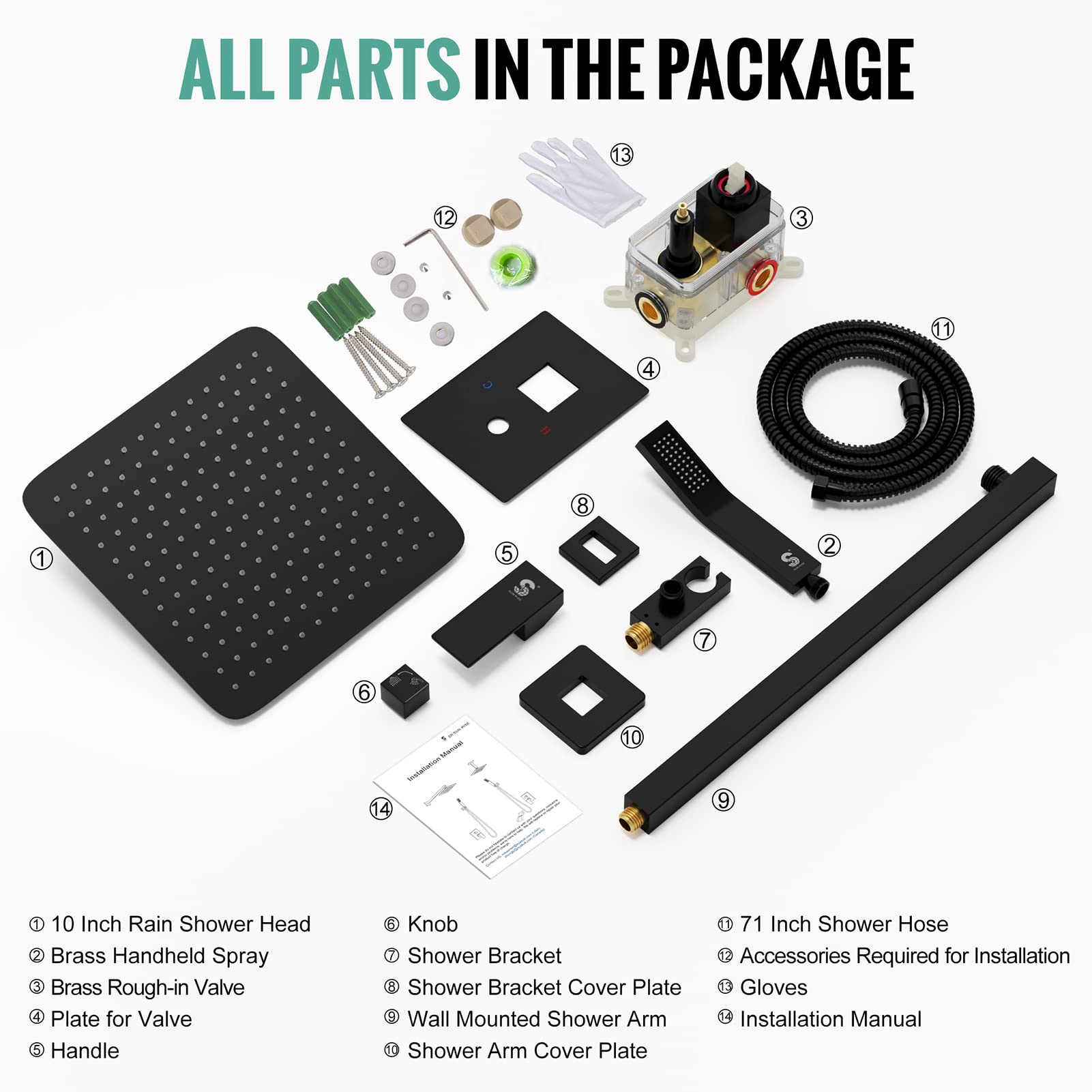 SR SUN RISE 10 Inch Matte Black Wall Mount Shower System Set with Rough-in Valve & Trim Kit - Complete Bathroom Fixture for Modern Home Renovation