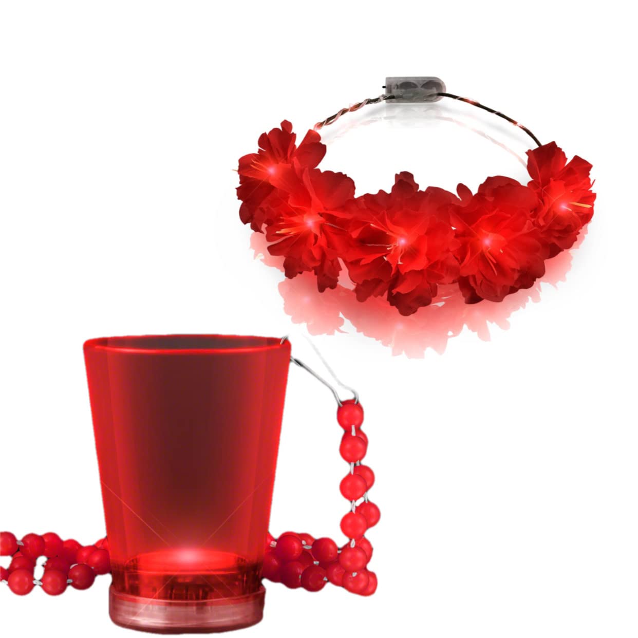 Blinkee 2-in-1 Bundle: Light Up Red Kiss Fairy Flower Headband & Red Shot Glass with Beaded Necklace - Perfect for Valentine's Day, Bachelorette Parties & Festive Celebrations