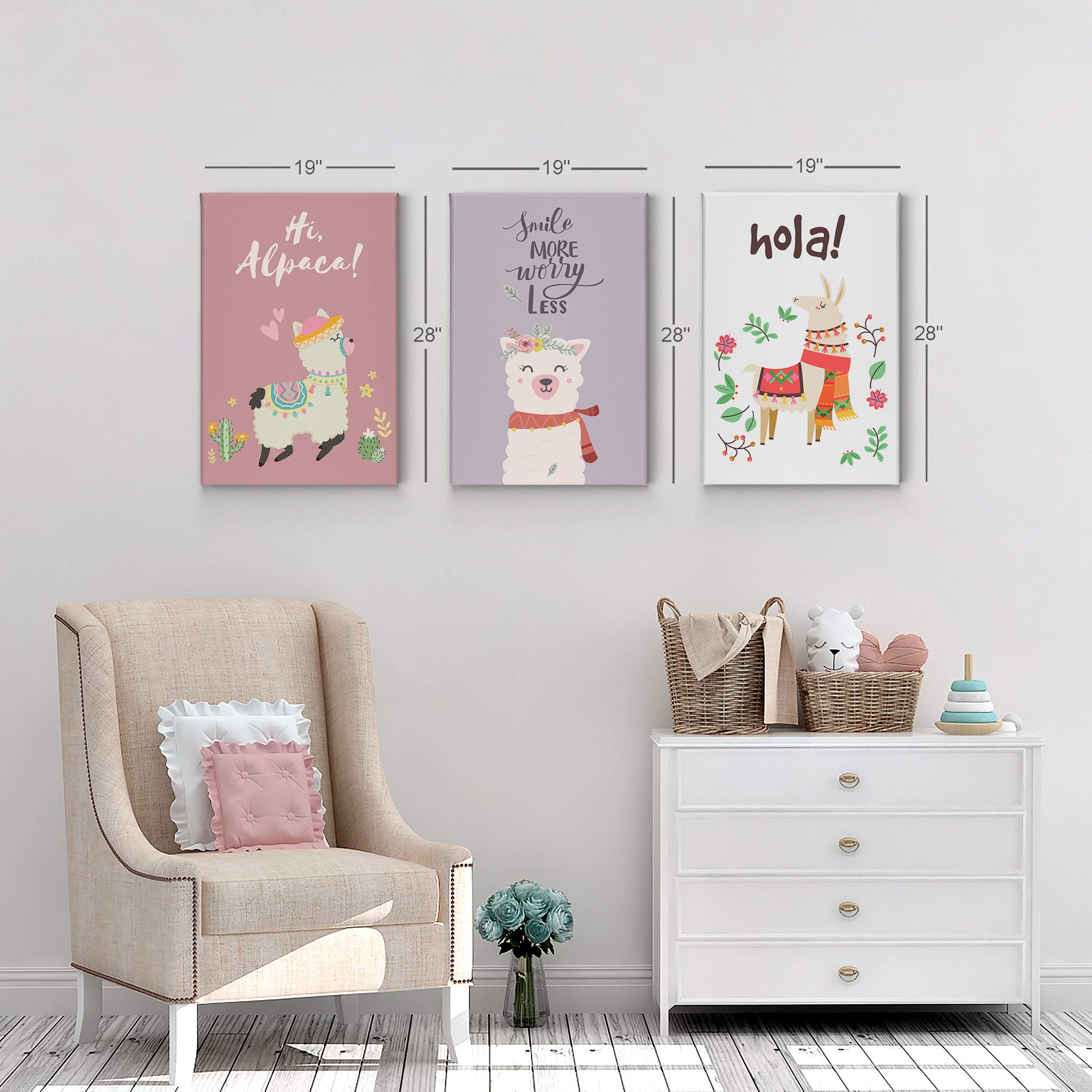 Smile Art Design Cute Alpaca Canvas Print Set - Pink, Purple & White Background - 3 Piece Kids Room Wall Art Decor for Baby Boy & Girl - Ready to Hang - Made in USA (36x24 x3) - Perfect for Nursery, Playroom & Children's Bedroom Decor