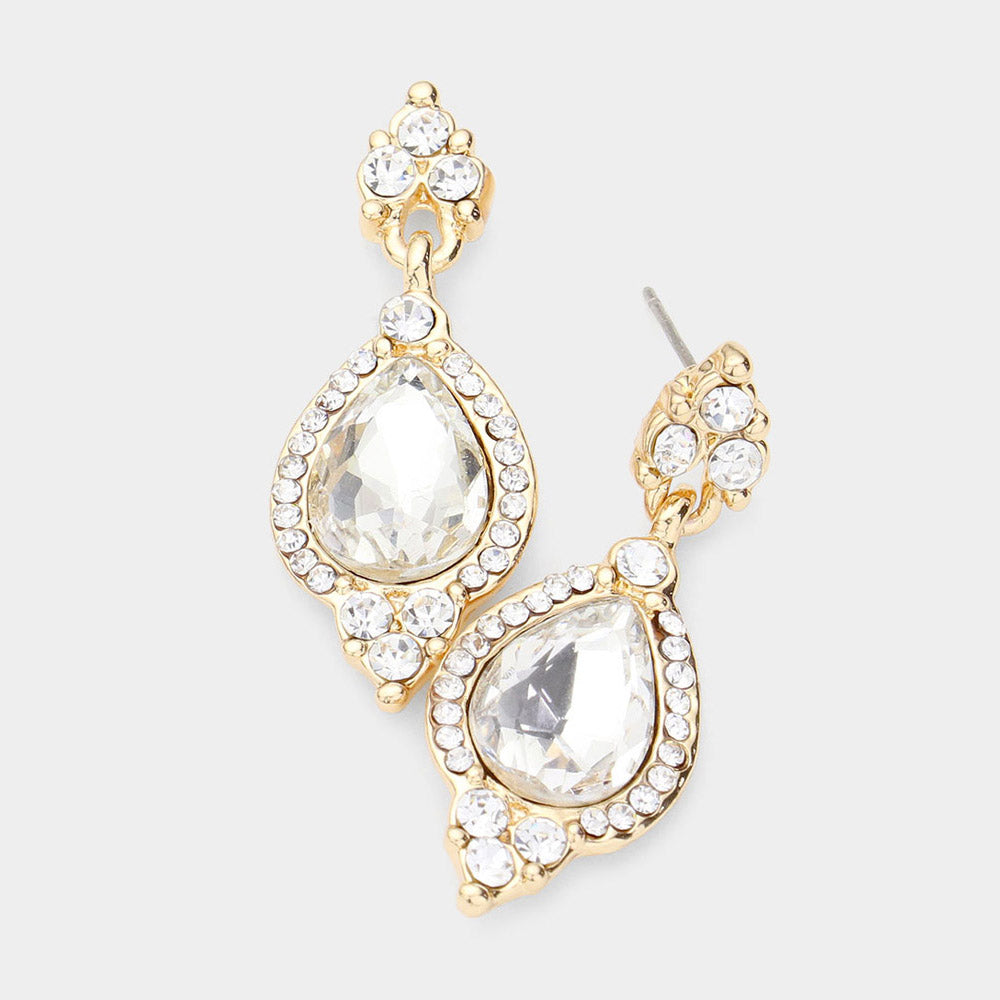 Elegant Clear Teardrop Dangle Earrings in Gold - Perfect for Pageants, Weddings & Special Occasions | 512105