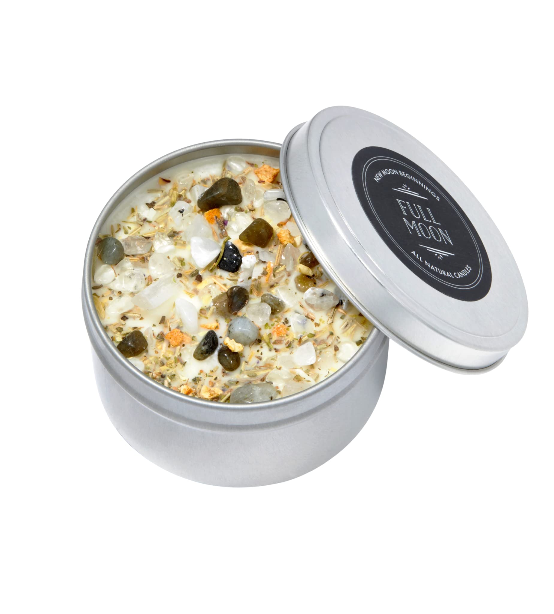 New Moon Beginnings Full Moon Purification & Cleansing Candle - Crystal Herb Infused Aromatherapy Soy Candle in 8oz Metal Tin - Perfect for Meditation, Yoga & Spiritual Rituals