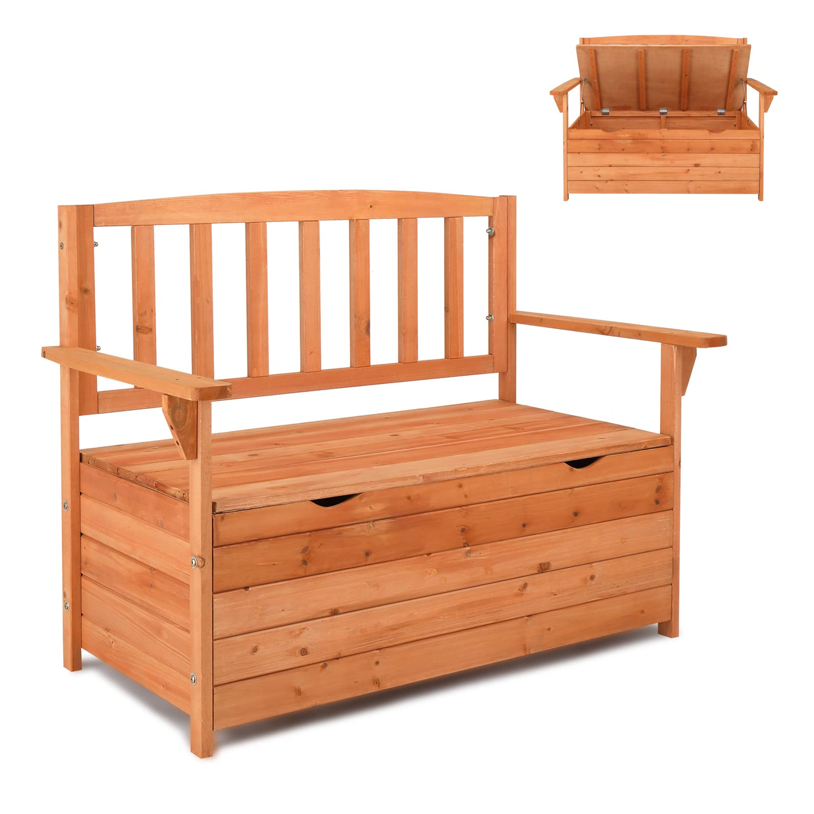 Outvita Waterproof Wooden Outdoor Storage Bench with Seating & Armrest - Large Deck Box Organizer for Patio, Garden, Porch, Backyard & Poolside - Natural Wood Loveseat for Relaxing & Storage Solutions