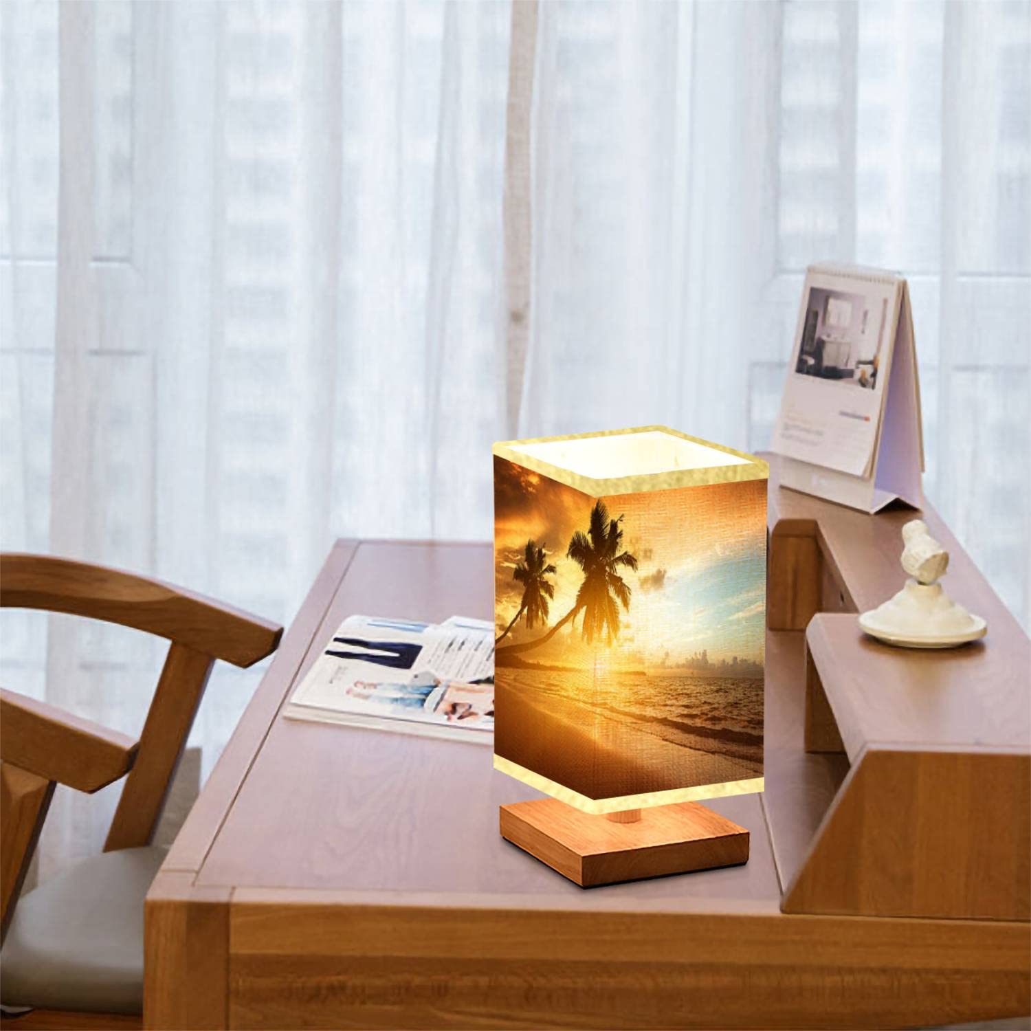 Caribbean Sunset Wooden Base Table Lamp with Flaxen Fabric Shade - Dimmable Bedside & Nightstand Lamp for Bedroom, Living Room | Perfect for Coastal Decor, Reading Nook & Relaxing Ambience