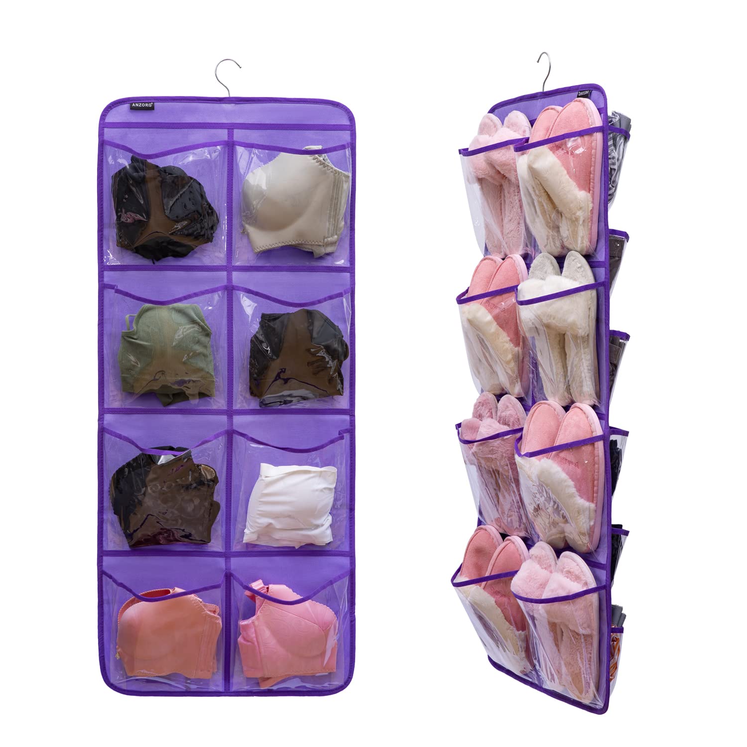 Dual-Sided Hanging Closet Organizer with 26 Pockets - Perfect for Socks, Underwear, Bras, Baby Clothes & Toddler Shoes (Purple-Clear Pockets) | Space-Saving Storage Solution for Kids' Rooms & Nursery Organization