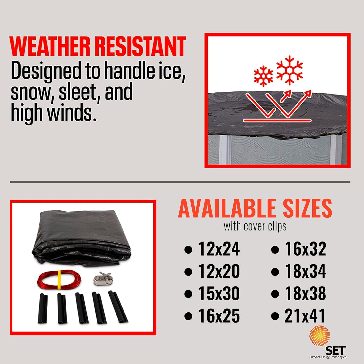 SET SunSolar Energy Technologies - 15x30 Foot Oval Above Ground Winter Pool Cover with Sturdy Cable & Winch | Heavy-Duty Mesh Design for Snow & Leaf Protection | Includes Cover Clips | 8-Year Warranty | Perfect for Winterizing Inground & Above Ground Pools