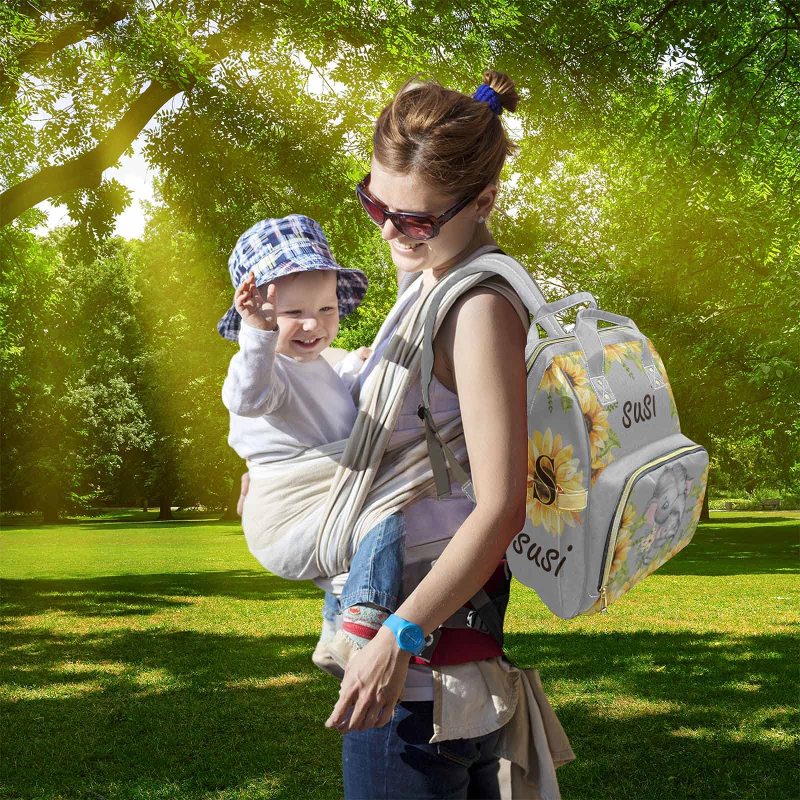 **Personalized Gray Sunflower Elephant Diaper Backpack – Large Waterproof Baby Bag for Boys & Girls, Custom Name Nappy Organizer for Moms & Dads – Perfect for Travel, Nursing & Daily Use**