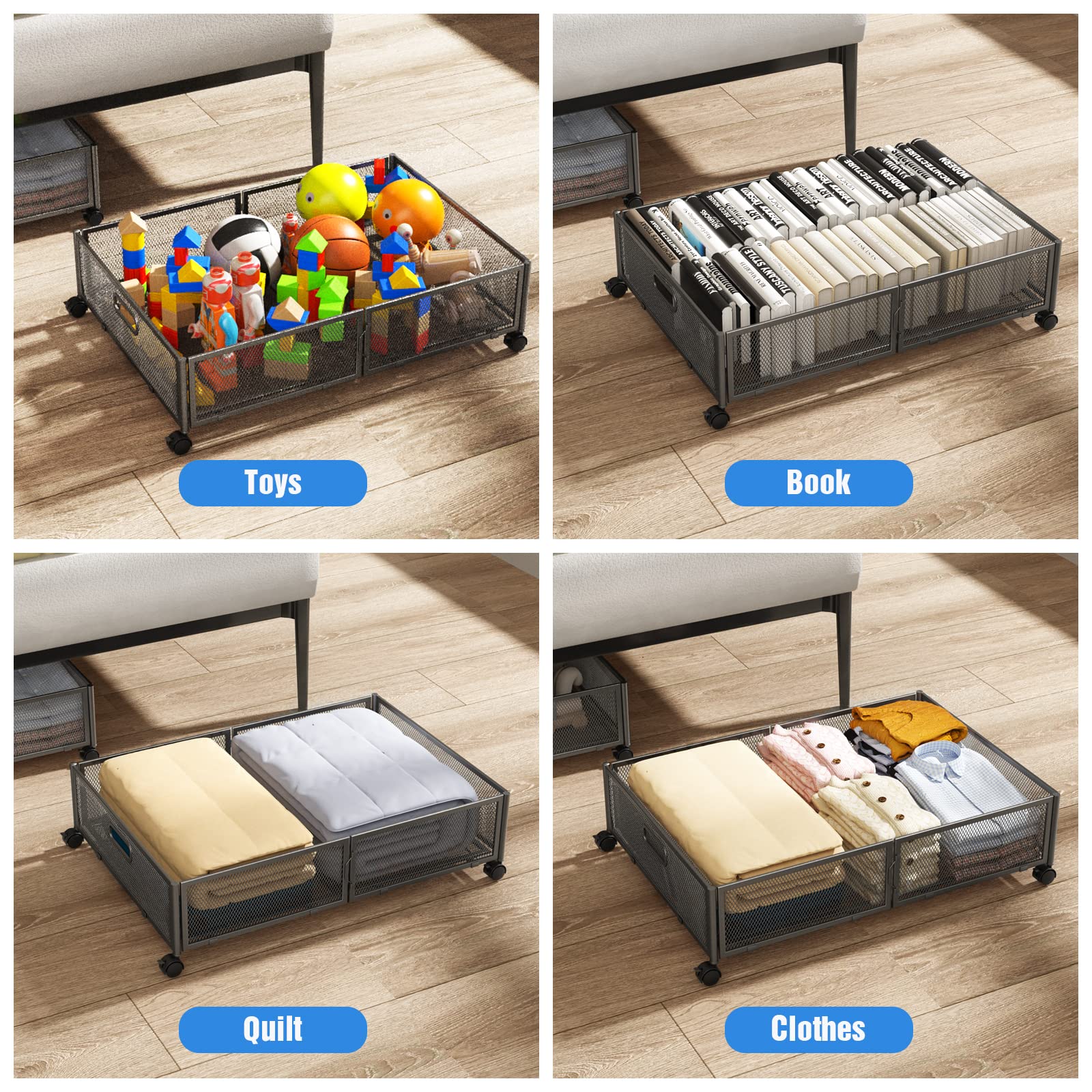 Under Bed Storage with Wheels - 4 Pack Metal Underbed Storage Containers & Drawers for Shoes, Clothes, Blankets | Bedroom Organization Solution | Space-Saving for Small Apartments & Dorm Rooms