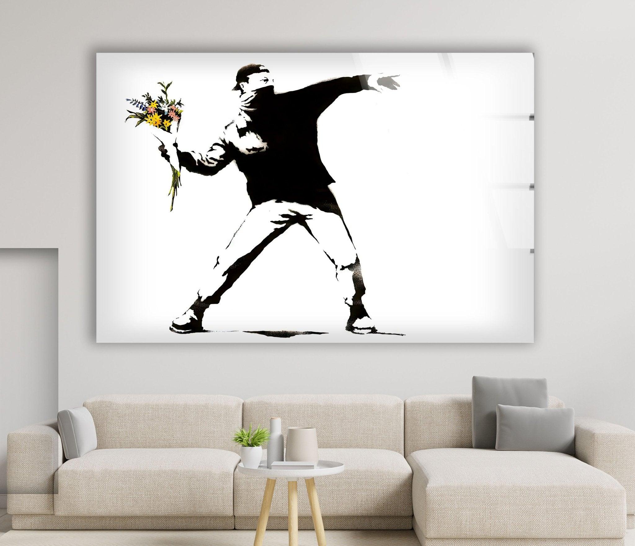 Banksy Flower Thrower Glass Wall Art - Stunning Framed Home Decor for Living Room, Bedroom & Office - Unique Gift Idea for Art Lovers