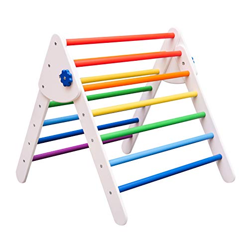 Foldable Triangle Climbing Step Ladder for Kids - White & Rainbow Large Size - Safe Baby Climber Frame for Indoor Play, Toddler Gym, and Montessori Activities