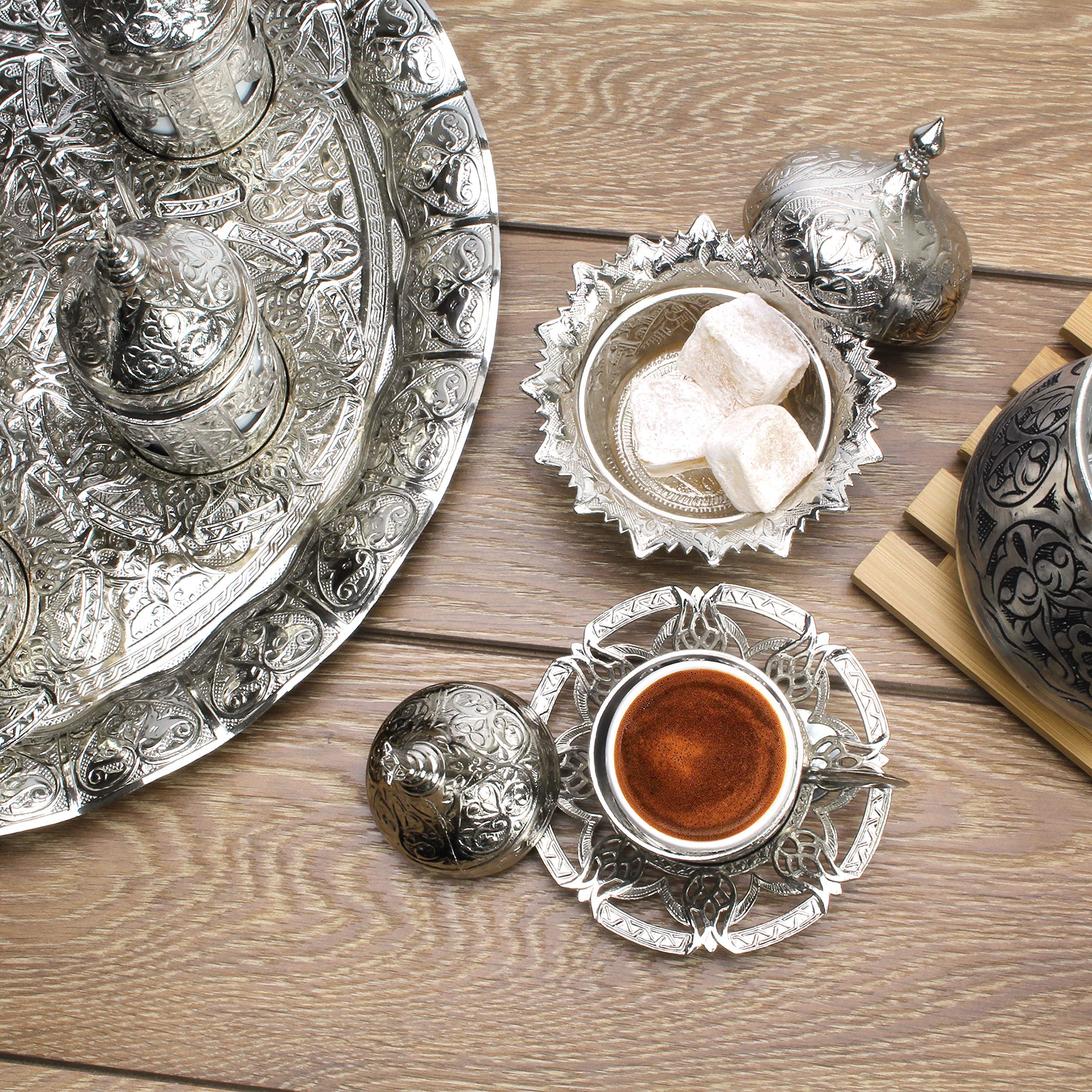 27-Piece Handmade Turkish Coffee, Espresso and Tea Serving Set for 6 - Premium Zamak Construction with Cups, Saucers, Sugar Bowl & Tray - Elegant Silver Finish (CS6-204) | Perfect for Home Entertaining, Gift Giving & Traditional Coffee Ceremonies