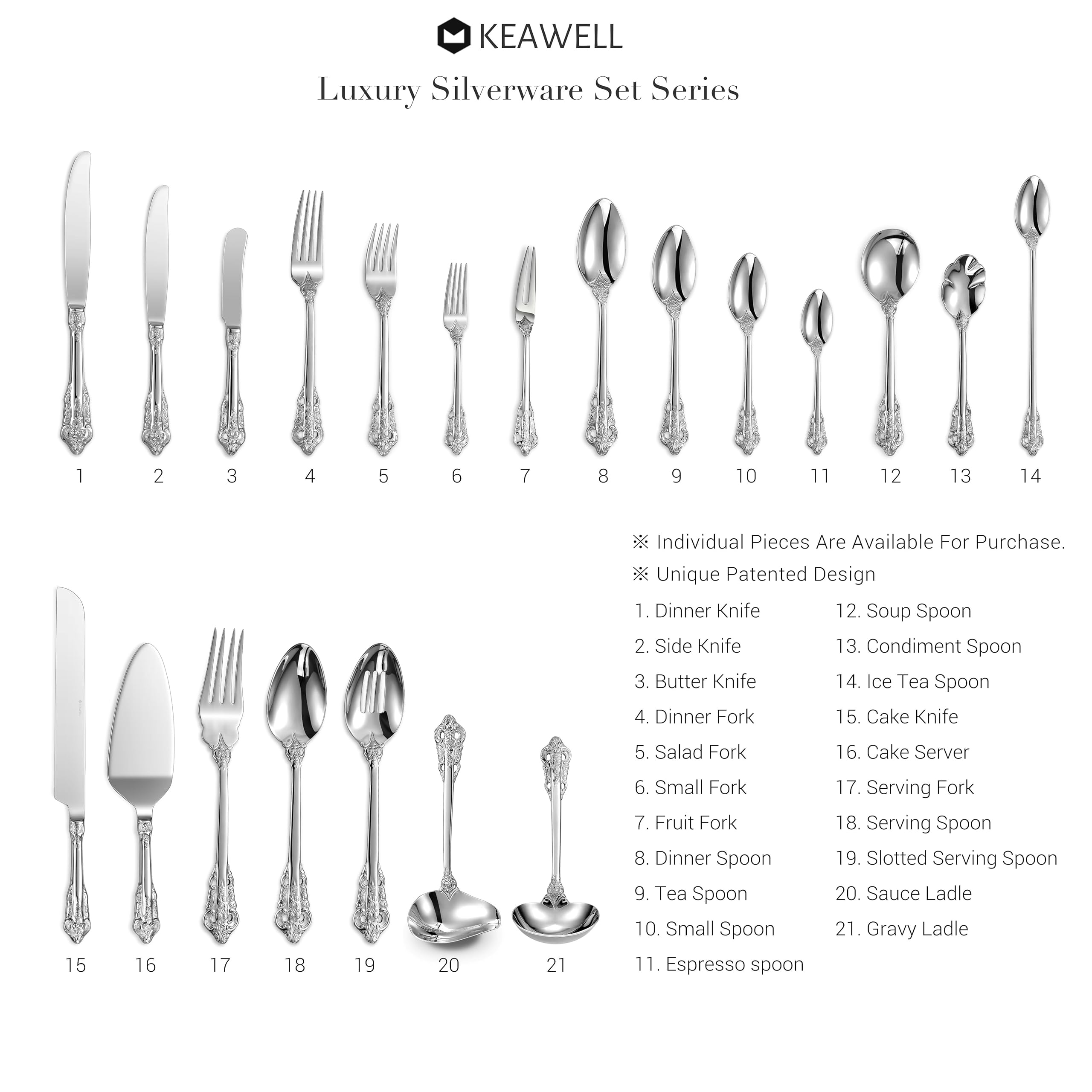 KEAWELL 45-Piece 18/10 Stainless Steel Silverware Set - Service for 8 with Serving Utensils, Mirror Polish Cutlery Set in Antique Baroque Style (Gift Box Included) - Perfect for Fine Dining, Wedding Registry & Luxury Home Decor