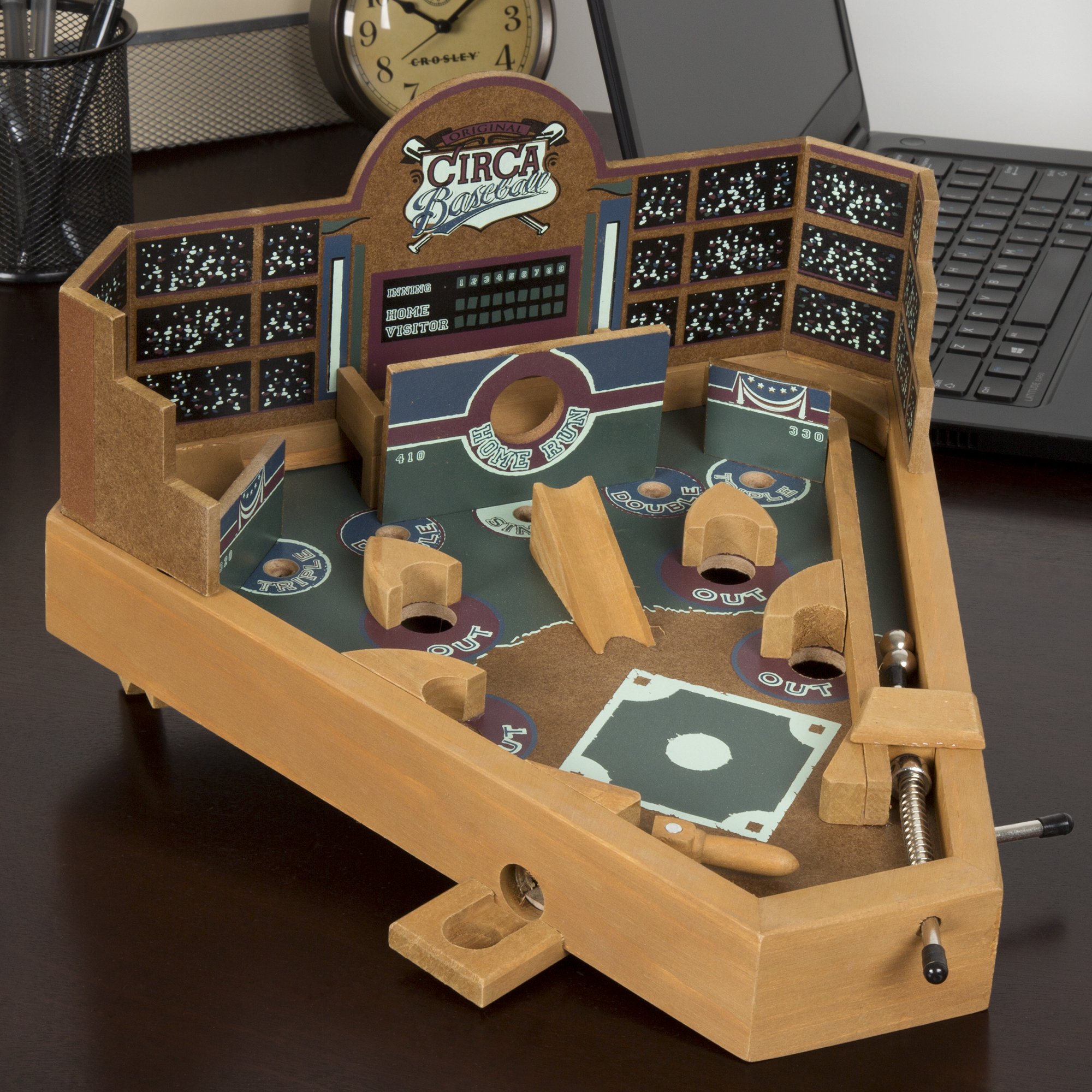 Hey Play Mini Wooden Baseball Pinball Game - Retro Arcade Toy for Adults & Kids - Fun Home & Office Decor