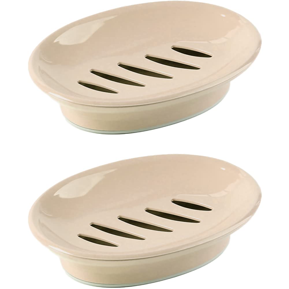 WYOK 2-Pack Soap Dish with Drain - Premium Soap Holder for Shower, Bathroom & Kitchen - Prevents Mushy Soap, Easy to Clean & Durable - Perfect for Keeping Your Soap Dry & Organized (Khaki) - Ideal for Home, RV, Gym & Travel Use