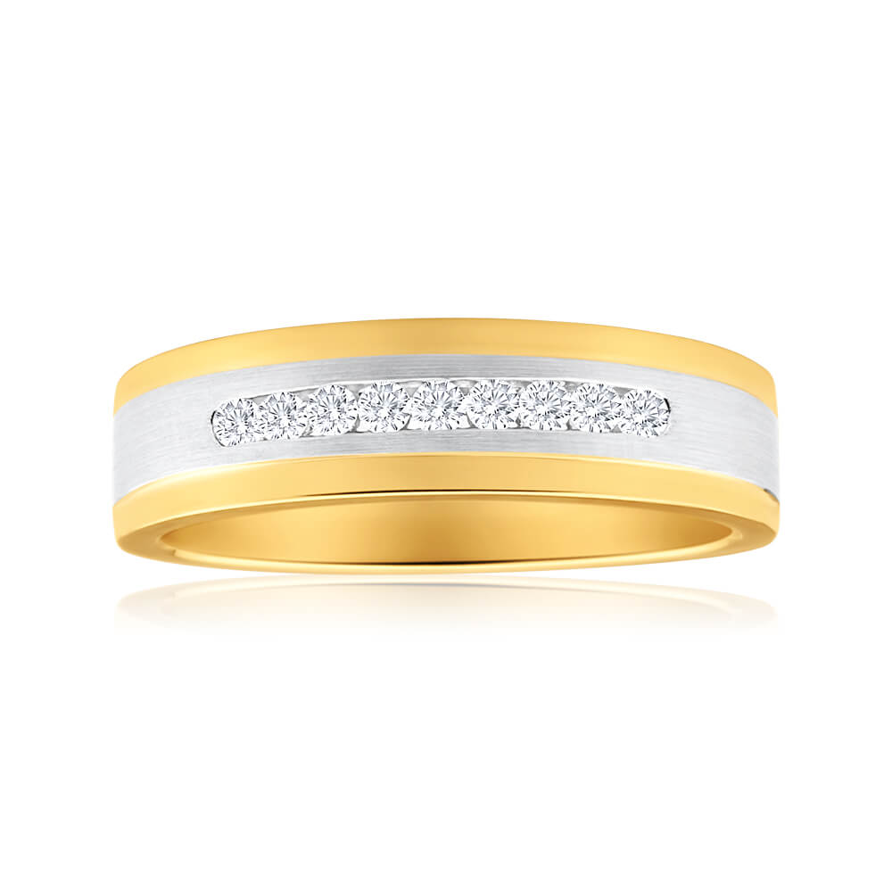 9ct Yellow Gold & White Gold Men's Diamond Ring - 0.2 Carat Round Cut Solitaire Wedding Band for Engagement, Anniversary & Special Occasions