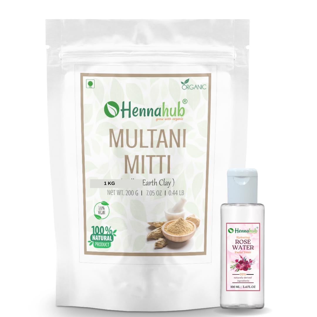 **HENNAHUB Pure Herbal Multani Mitti (Fuller's Earth) 1 KG - Natural Clay Face Mask with Rose Water 100ml for Glowing Skin - Perfect for Acne, Oil Control & Detox at Home**