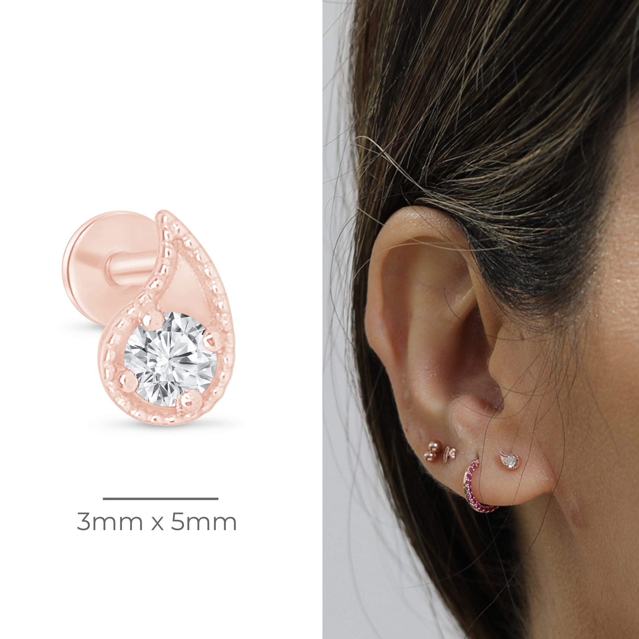 14K Rose Gold Diamond Paisley Flat Back Stud Earrings with Milgrain Detailing - Elegant Jewelry for Women, Perfect for Weddings, Parties & Daily Wear