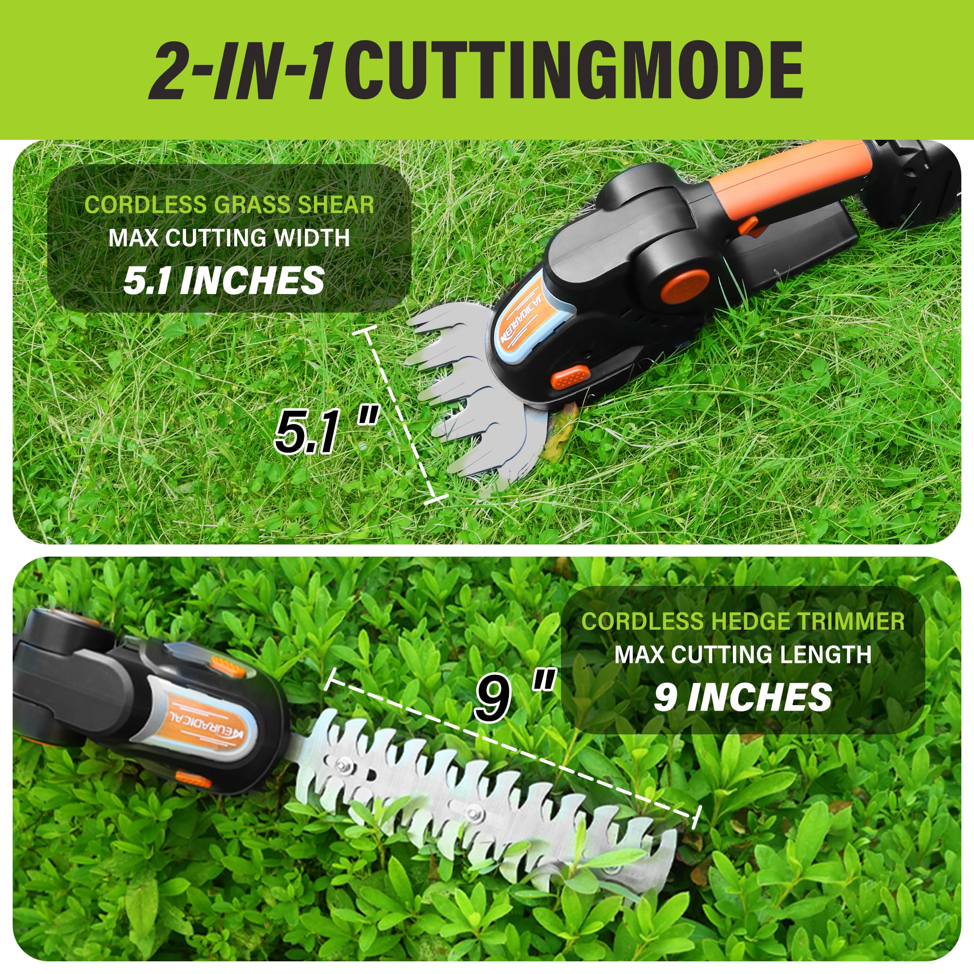 21V Cordless Pole Hedge Trimmer & Grass Shear - 2-in-1 Electric Hedge Trimmer with Extension Pole, 2 Rechargeable Batteries & Charger Included - Perfect for Lawn Care, Garden Trimming and Shrub Shaping