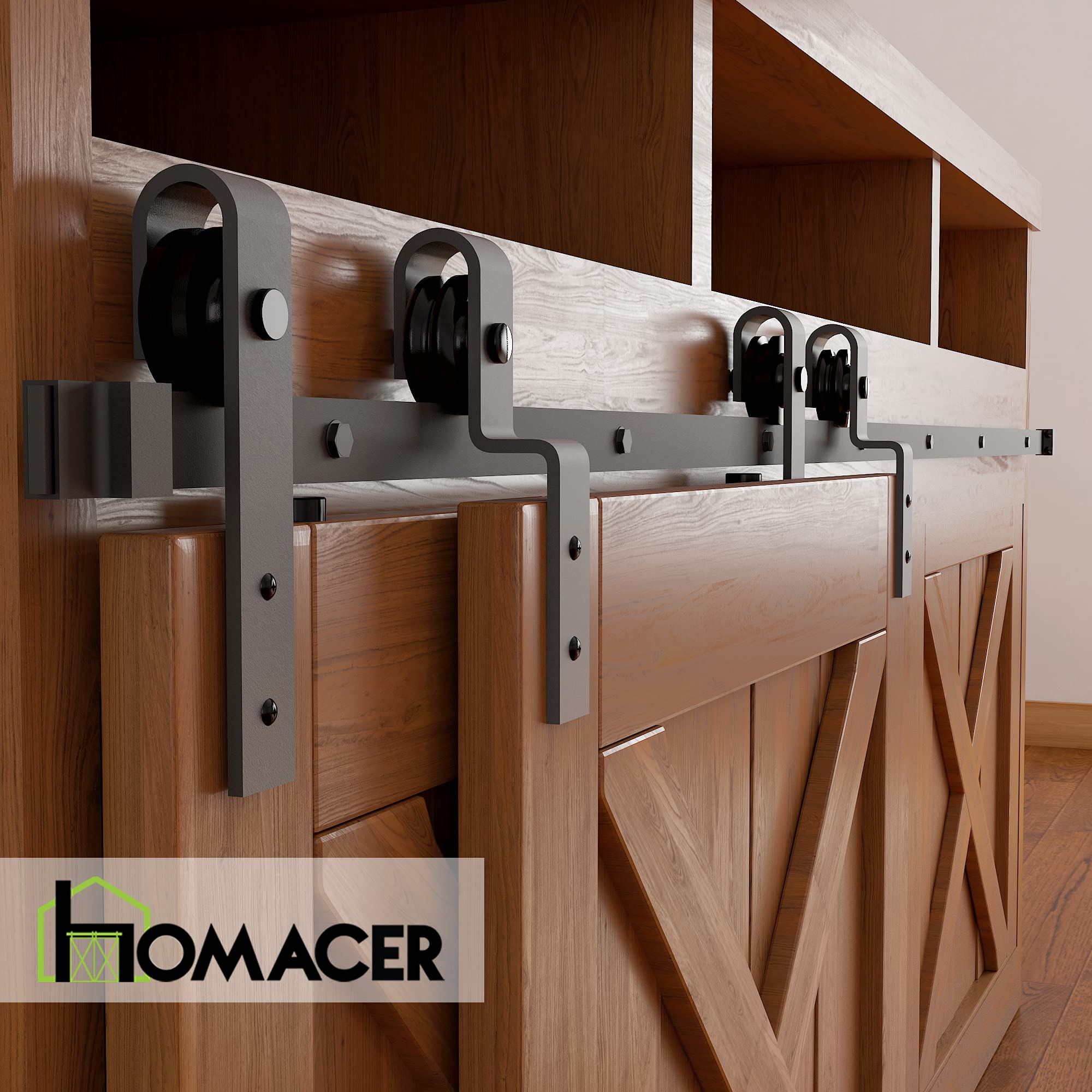 Homacer Mini Black Rustic Single Track Bypass Sliding Barn Door Hardware Kit - 72-inch Flat Track for 3 Doors (1 Flat + 2 Bent Rollers) - Classic Design for Cabinet, TV Stand, Bookshelf & Room Divider Installation