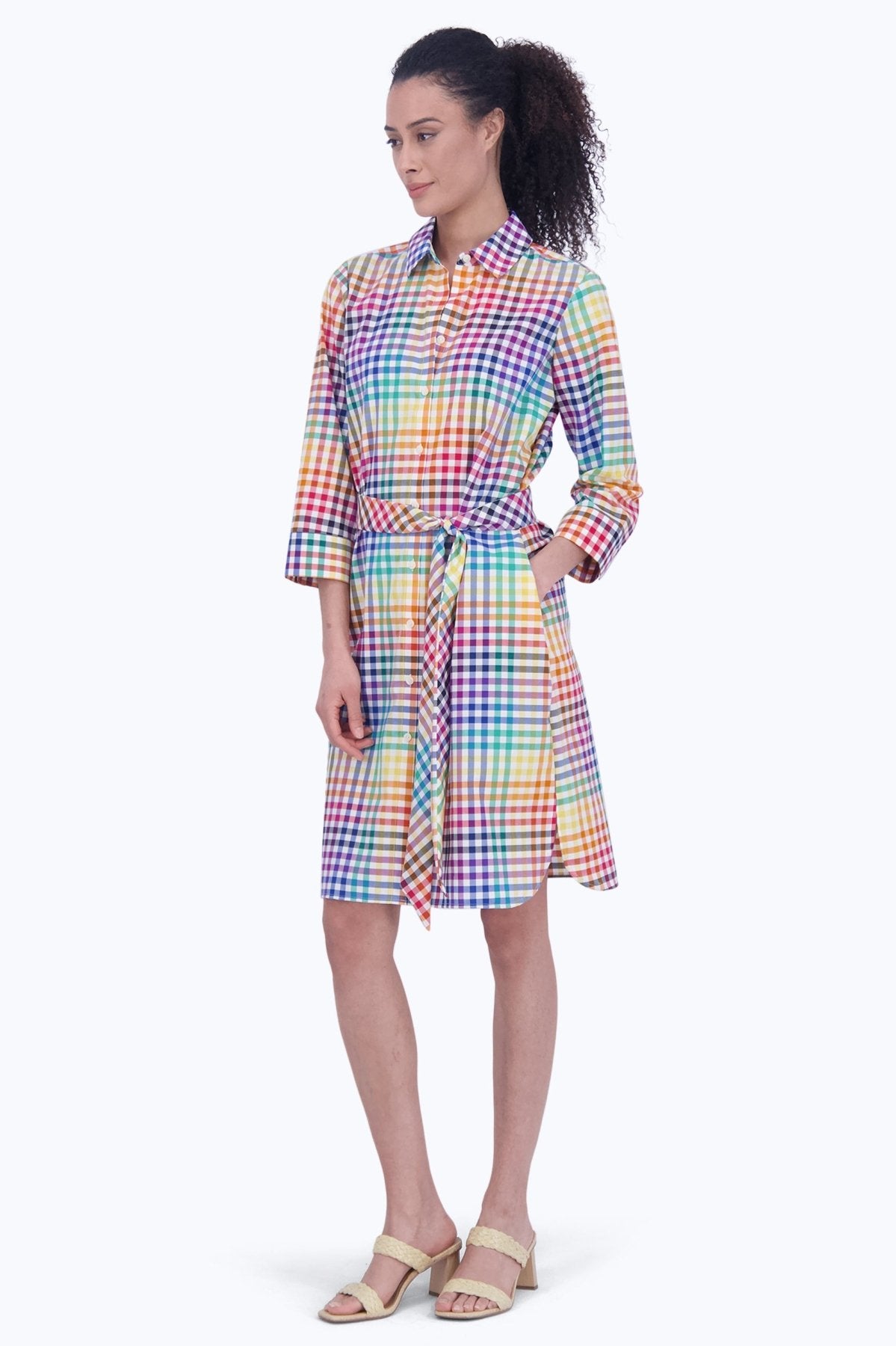 Rocca Rainbow Gingham 3/4 Sleeve Casual Dress for Women | Summer Floral Print Party Outfit | Perfect for Beach Vacation, Garden Party & Date Night