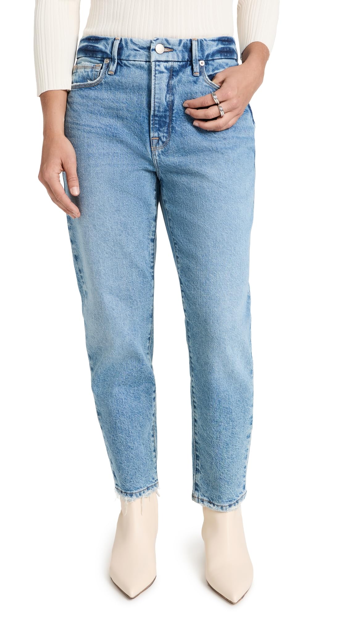 Good American Women's Good Girlfriend Petite Jeans - High Waist Skinny Denim for Petite Women | Perfect for Casual Wear, Date Nights & Office Outfits