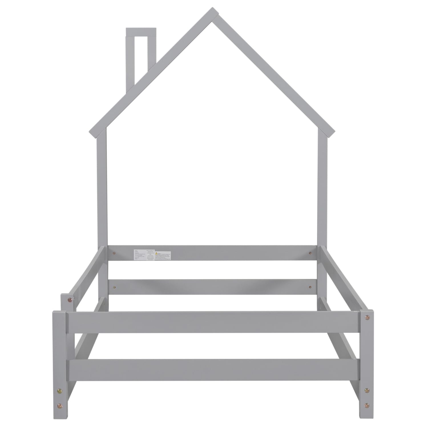 Montessori Twin Size Wood Floor Bed Frame with Safety Rails & House-Shaped Headboard - Low Profile Grey Wooden Bed for Kids Boys Girls - Perfect for Montessori Bedrooms, Daycare Centers & Toddler Rooms