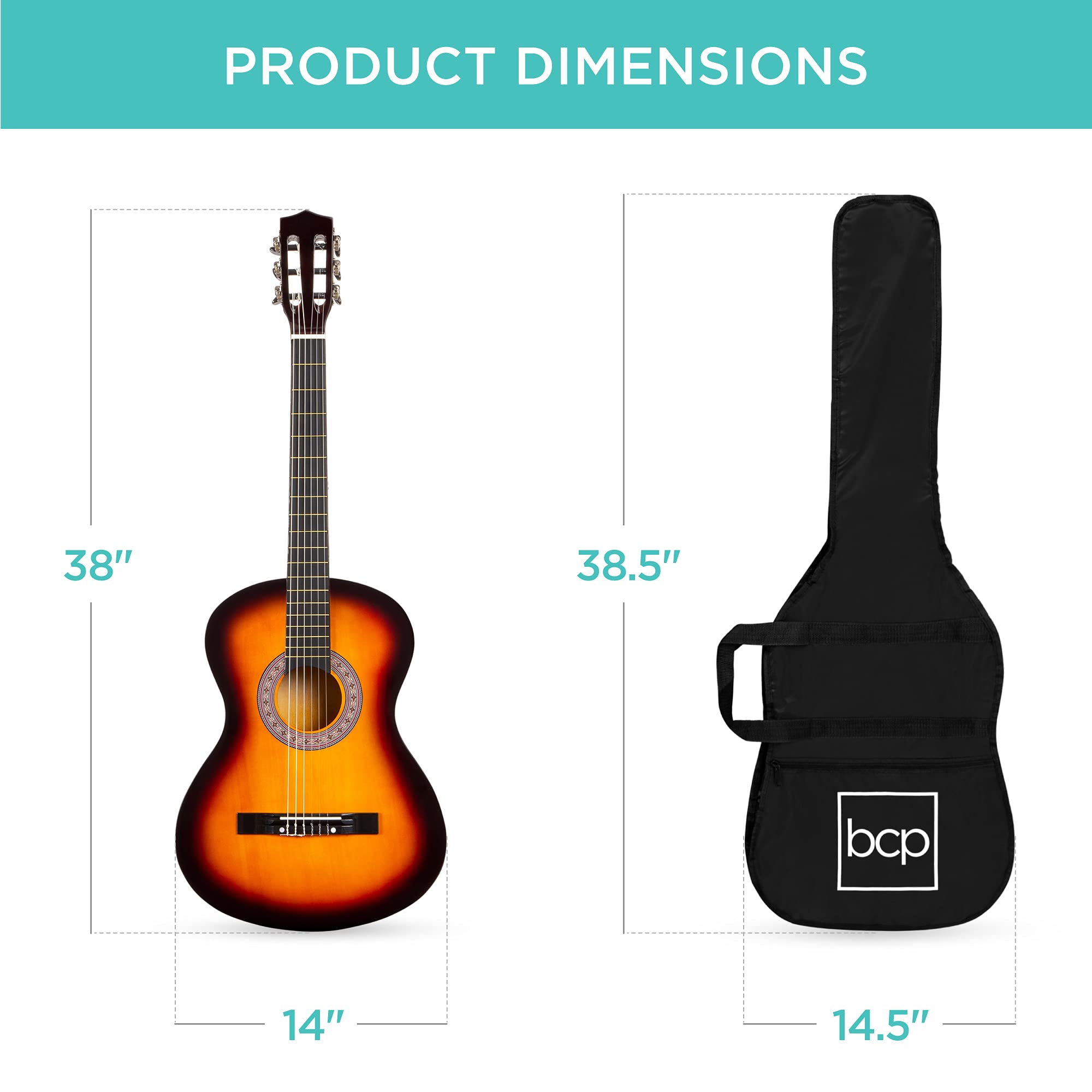 Best Choice Products 38-Inch All Wood Acoustic Guitar Starter Kit for Beginners with Gig Bag, 6 Picks, Nylon Strings & Strap with Pick Holder - Sunburst Finish | Perfect for Learning, Practice, Gifts & Live Performances