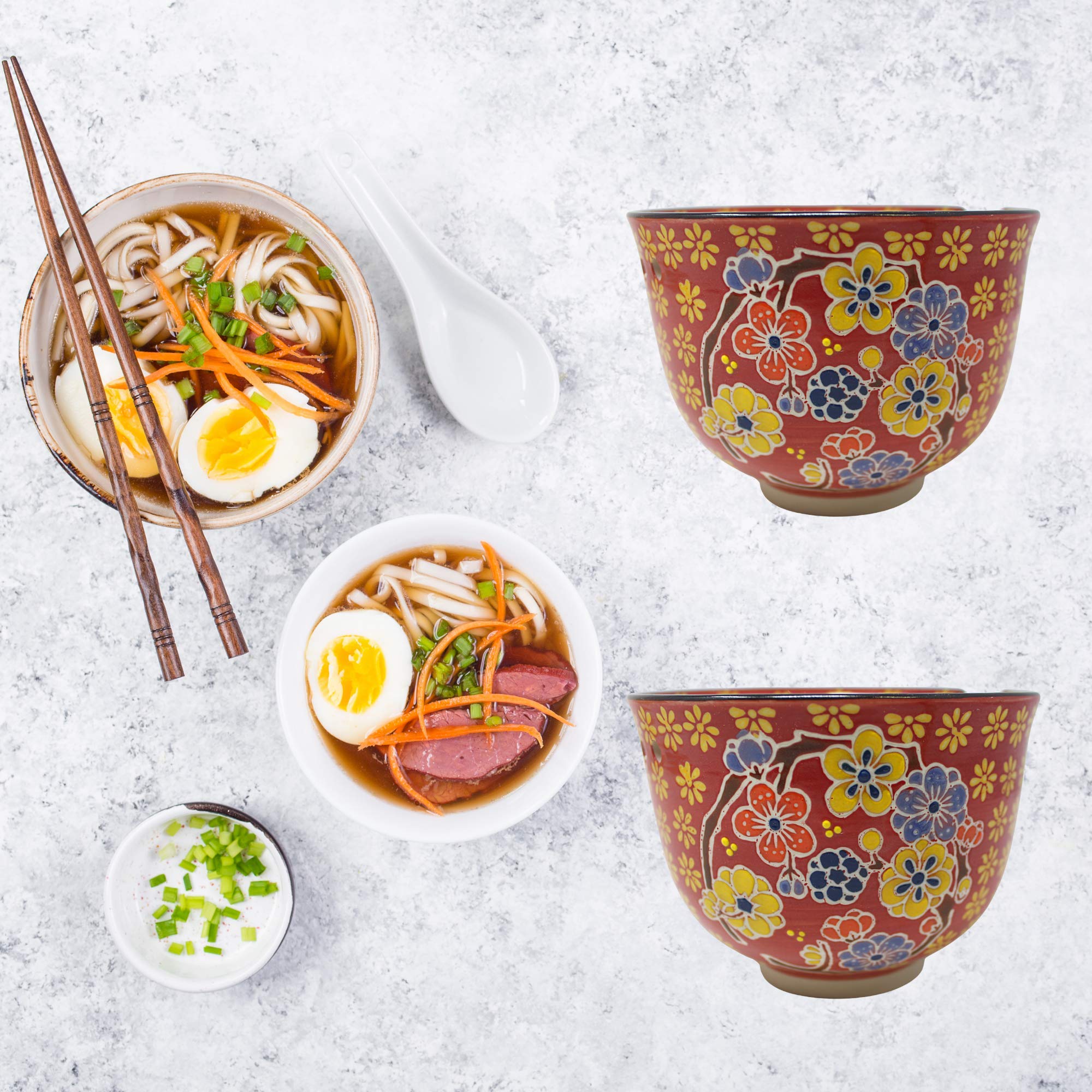 Needzo Red Floral Bowl with Chopsticks Holder & Wooden Chopsticks Set - 5 x 4 Inch Asian Soup Bowl for Ramen, Pho, Noodles | Perfect for Home Dining, Japanese Restaurants & Gift Giving